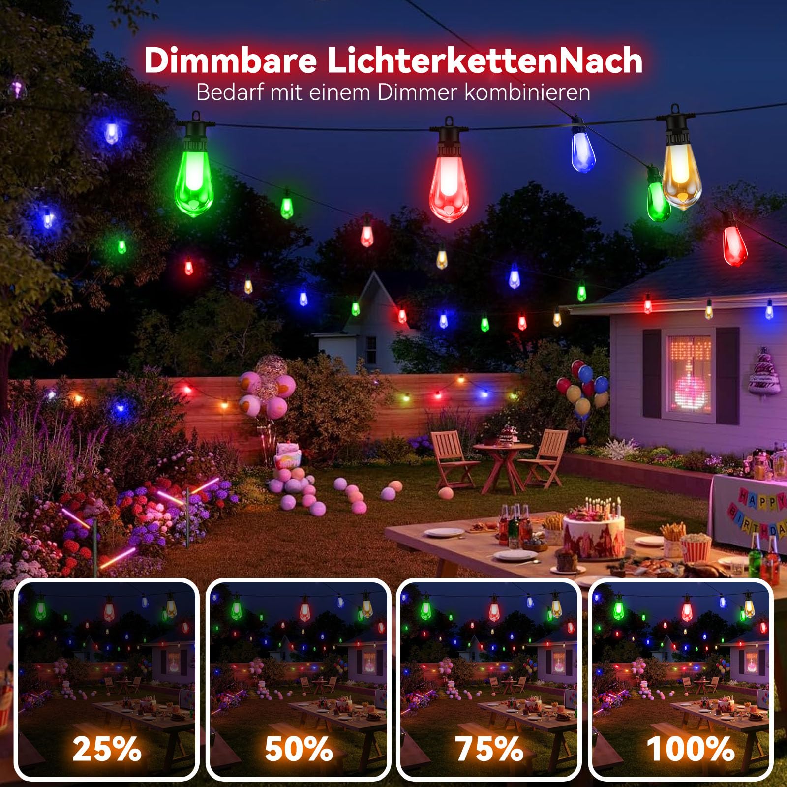 Catena di luci colorate, 13 m, per feste, per esterni, dimmerabile, 20 ST48, lampadine a LED colorate, resistenti alle intemperie, per Natale, gazebo, campeggio, matrimoni, giardino, balcone