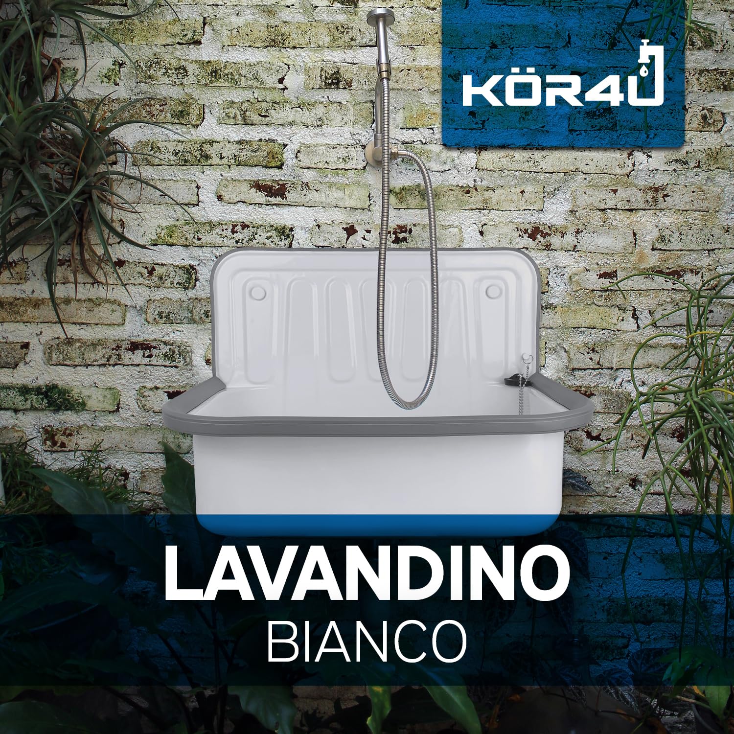kör4u Beccuccio bianco 50 cm, in robusto acciaio per cantina, lavanderia, giardino, lavello, tappo di scarico incluso