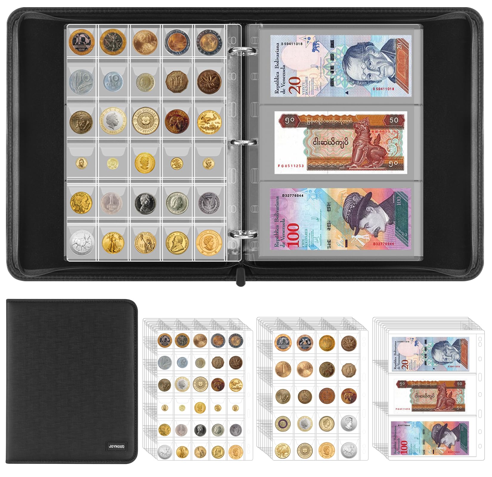 JoyHood Porte-monnaie pour collection de pièces de monnaie pour 400 pochettes + 15 poches pour billets de banque