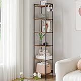 Bookshelf, Book Shelf, Industrial Bookcase with 2 Hooks, Coner Shelf Storage Organizer for Home Office, Living Room, Bedroom, Kitchen, 6-Tier Rustic Brown BC10701B