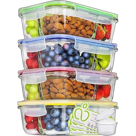 PrepNaturals Glass Meal Prep Containers 3 Compartment - Food Containers Meal Prep Food Prep Containers Lunch Containers Glass Containers with Lids Freezer Containers Bento Box (4 Pack, 34 Ounce)
