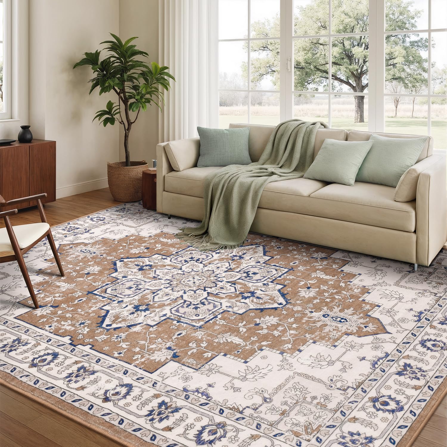 Rugflix 5x7 Area Rug for Living Room, Vintage Washable Area Rug Non Slip Low Pile, Floral Soft Foldable Large Carpet for Bedroom Dining Room, Brown/