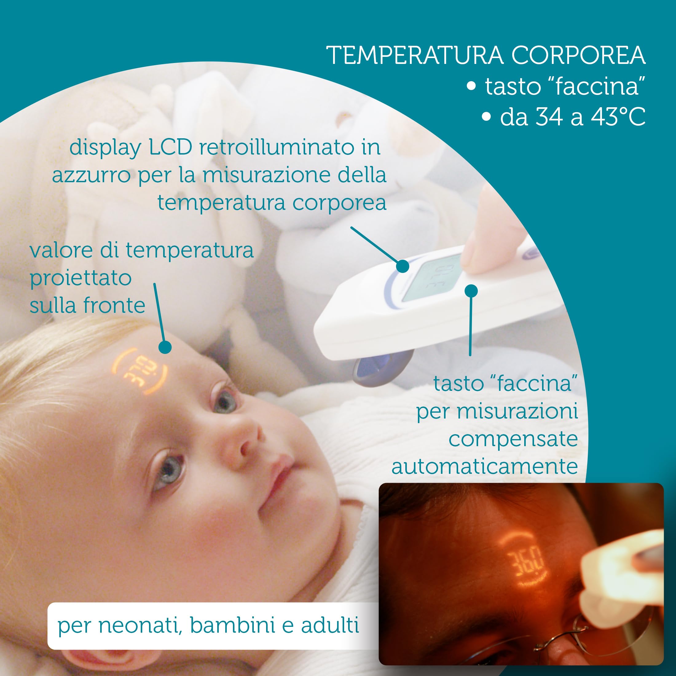 TECNIMED - VisioFocus 06400 – medyczny termometr na podczerwień do pomiaru temperatury – projekcja temperatury – dla dzieci i dorosłych – baterie nie wchodzą w zakres dostawy – Made