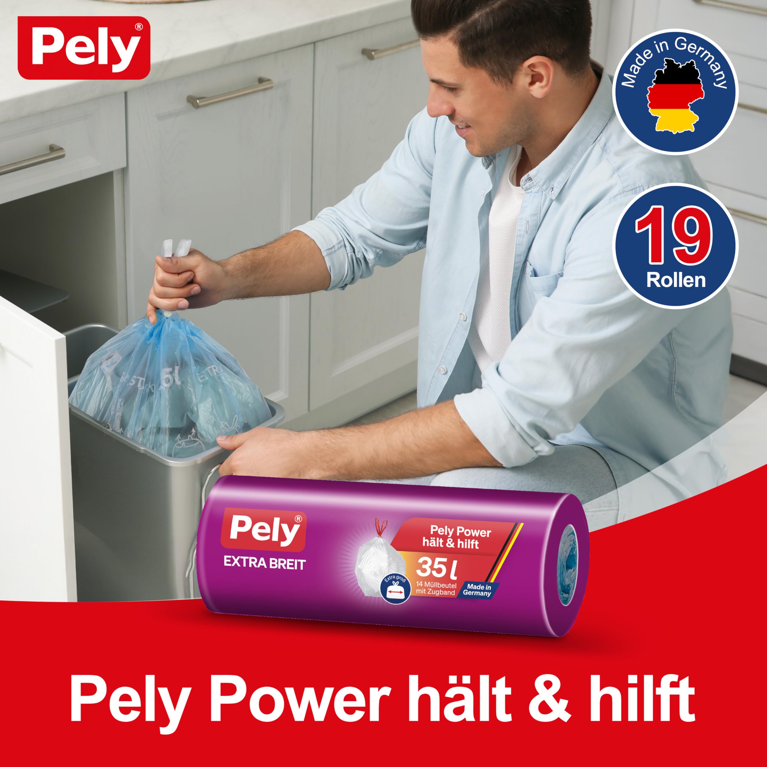 Pely Zugband Müllbeutel 35 Liter extra breit - XXL Vorteilspack 19 x 14 Stück im Karton, für die Entsorgung von Restmüll