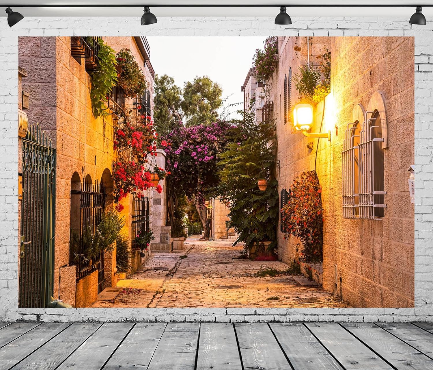 Fabric 10x8ft Jerusalem Old House Street Backdrop Night Ancient Village Old Stone Wall Building Flower Street Scenery Photo Background Israel Party Decor Family Travel Photo Studio Props