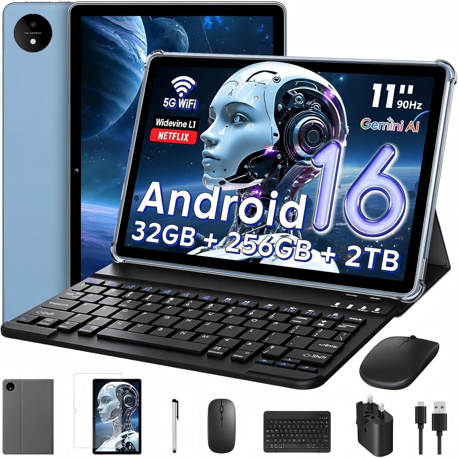 Raemond 11 Zoll Android 16 Tablet Gemini AI 32GB RAM +256GB ROM (2TB TF), 8000mAh Gaming Tablet Unisoc T7250 Octa-Core, Widevine L1,16MP+8MP Tablets PC, 2.4G+5G WLAN GMS/3.5mm Audio/GPS/Face ID（Blau）