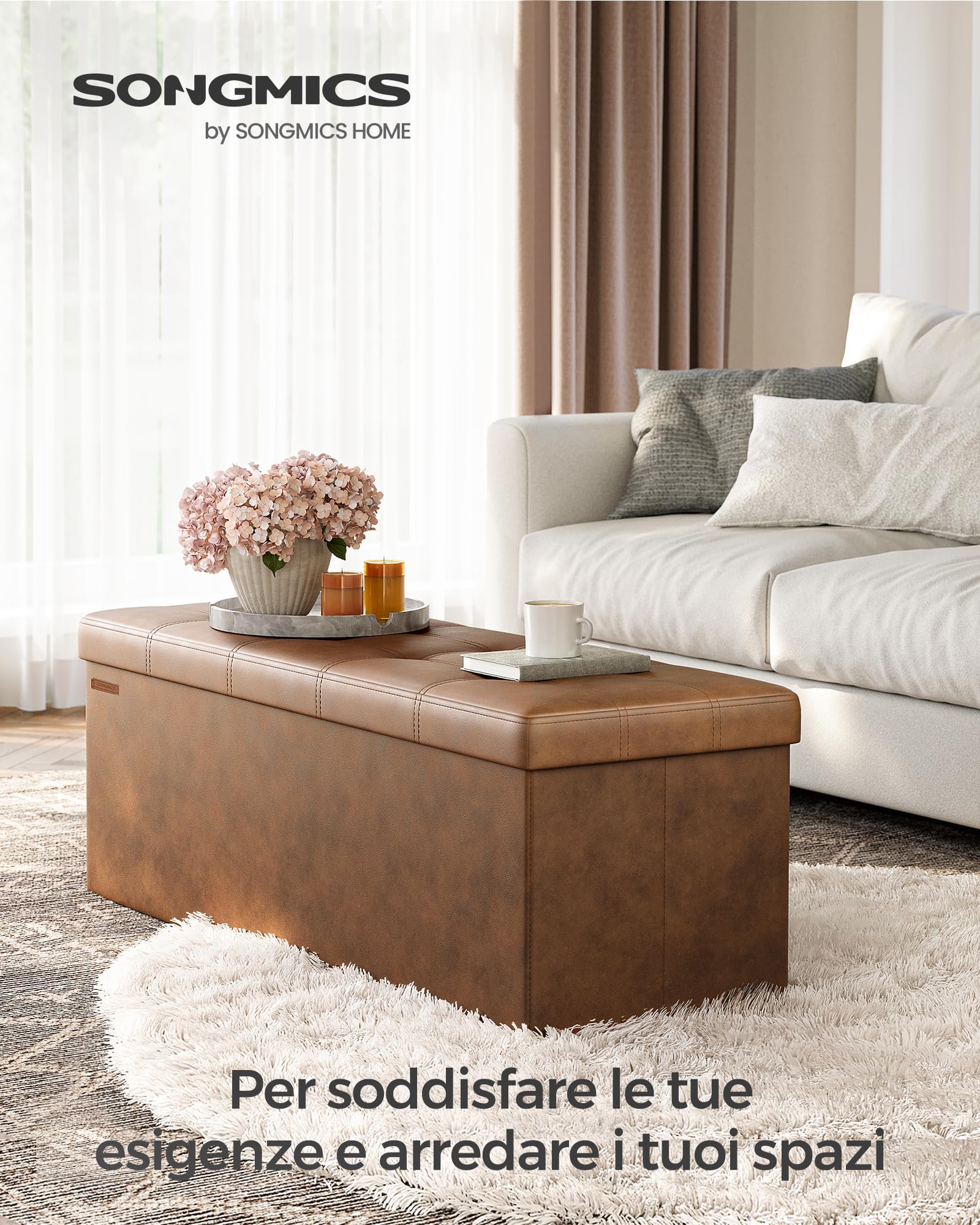 SONGMICS Cassapanca, Pouf Contenitore, Poggiapiedi Pieghevole da 38 x 110 x 38 cm, Ottomano, Regge Fino a 300 kg, per Soggiorno, Camera da Letto, Entrata, Marrone caffè LSF070K01V1