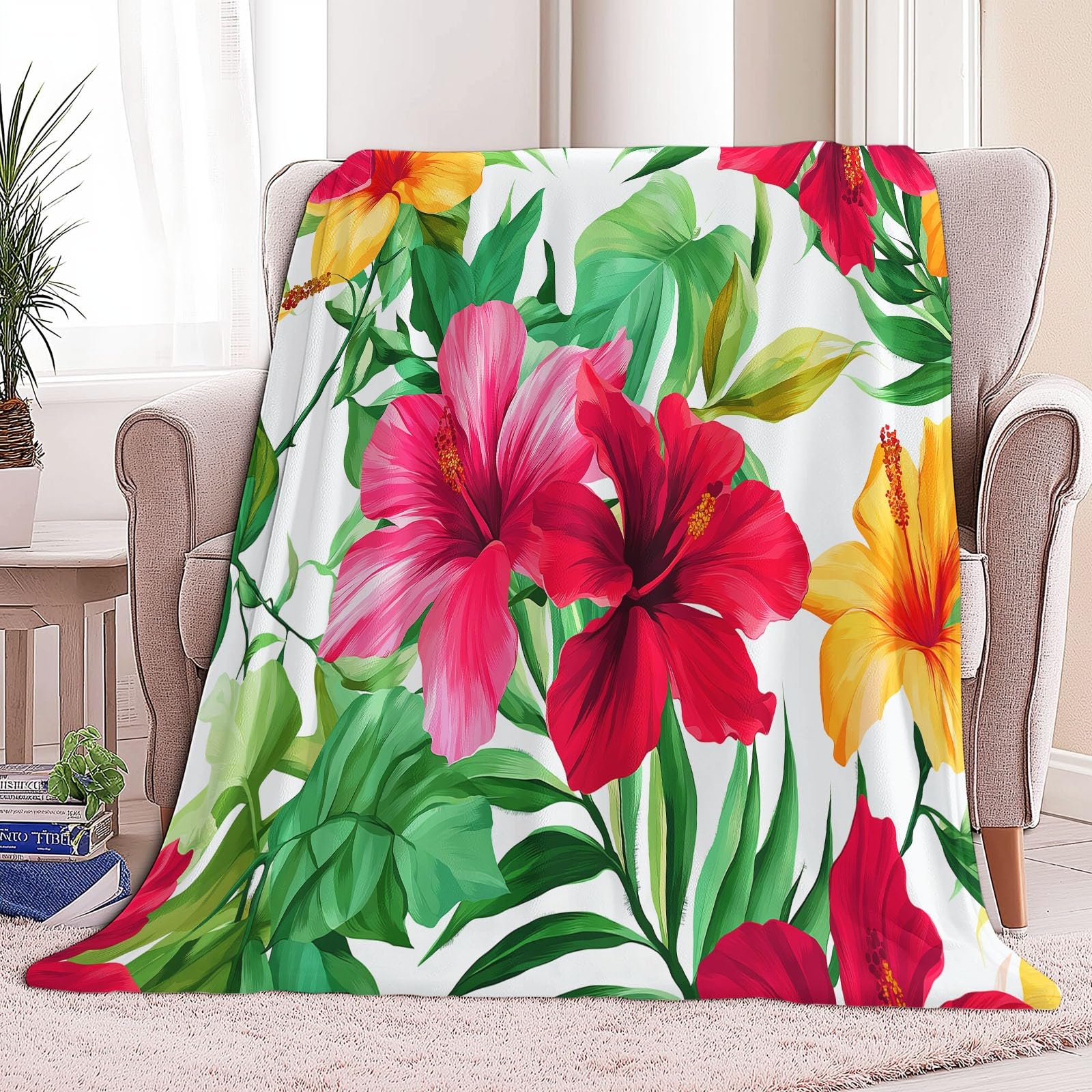 Bordowy koc narzuta, tropikalne kwiaty, liście, całoroczny koc flanelowy, 221 x 239 cm, bordowy miękki i lekki, przytulny, puszysty, pluszowy, prezent dla dorosłych, nastolatków i dzieci, 220 x 240 cm