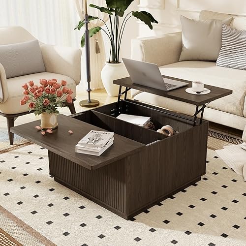 Miniatura 9 de Mesa de centro elevable con almacenamiento, mesa central cuadrada acanalada con gran espacio oculto, mesa de centro de 31.5 pulgadas con parte