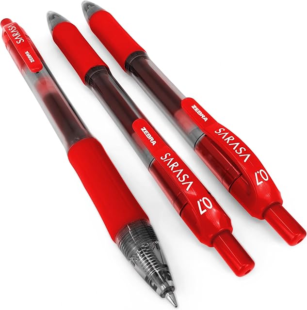 ZEBRA Sarasa - 0.7mm Retractable Gel Ink Rollerball Pen - Set of 3 - Red Ink