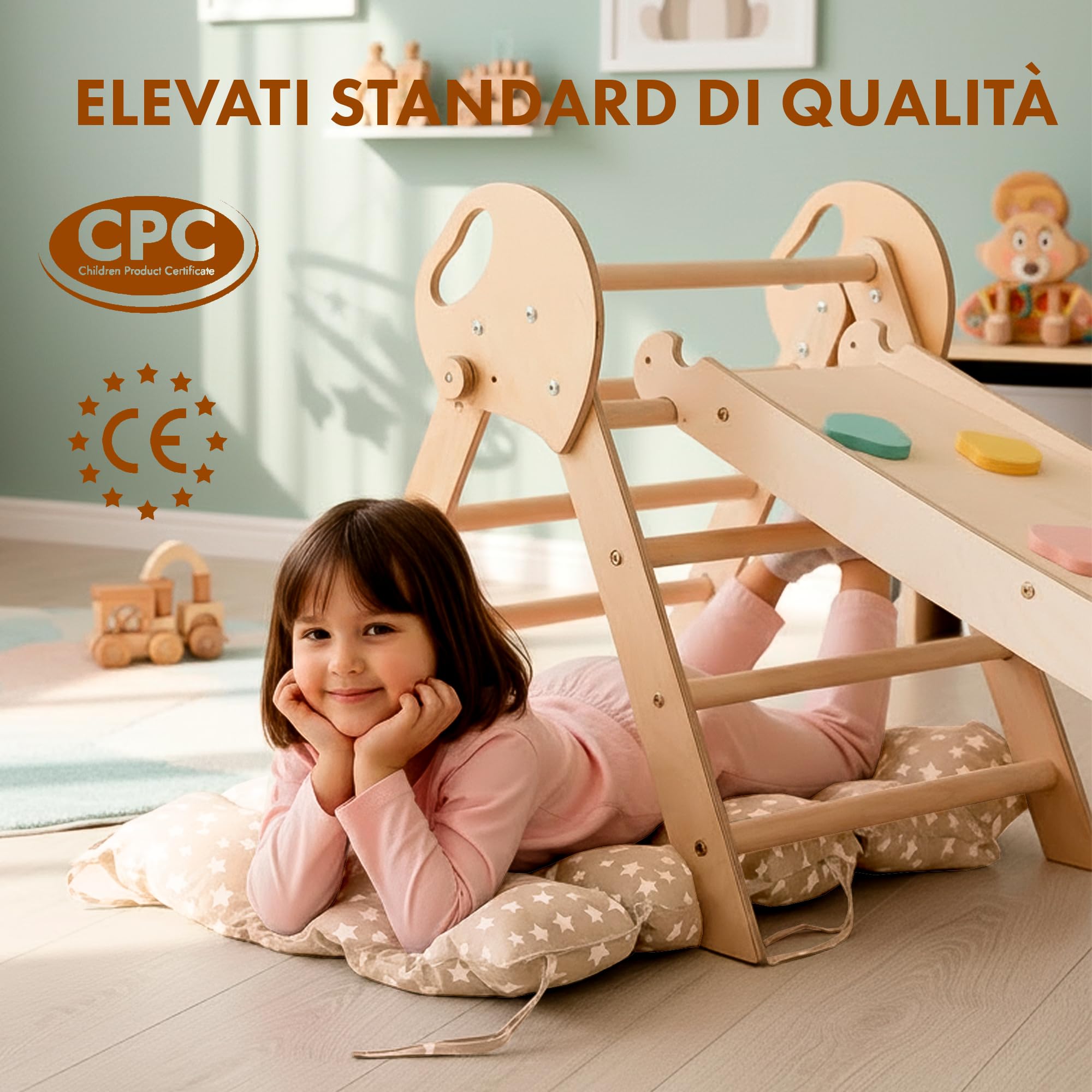 Goodevas 5-in-1 Telaio da Arrampicata per Bambini - Scala a Triangolo, Arco per Arrampicata, Balance Board e Cuscino, Telaio da Arrampicata Montessori, Palestra in Legno per Bambini da 1 a 3 Anni
