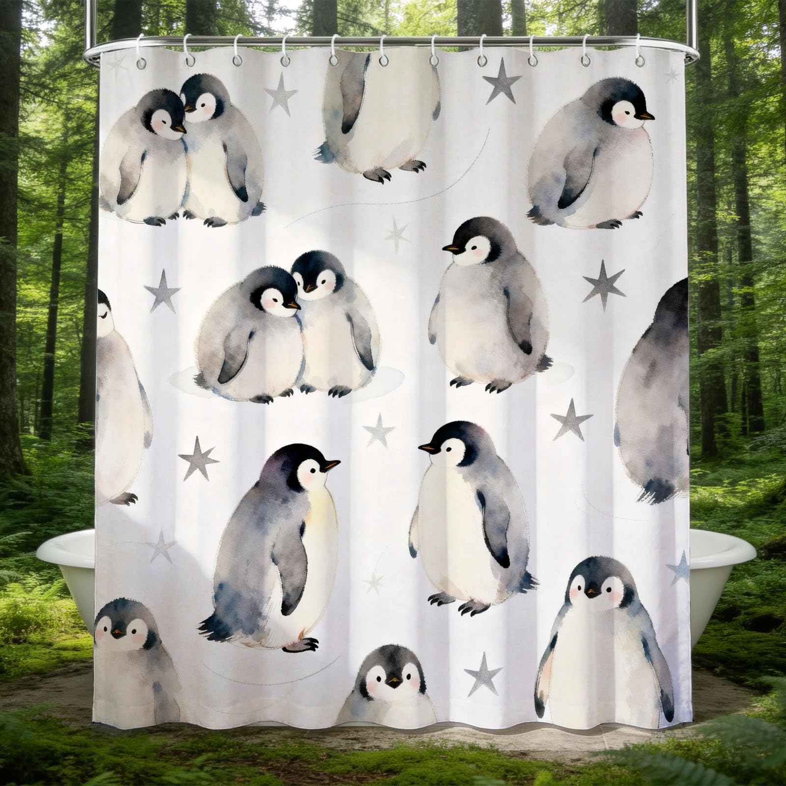 Hongduo 3D Penguins Shower Curtain for Stalls Bathtubs Cartoon Penguin Bathroom Decor Shower Curtain Set Polyester Fabric Waterproof 180x200cm/71X79 Inch with Hooks