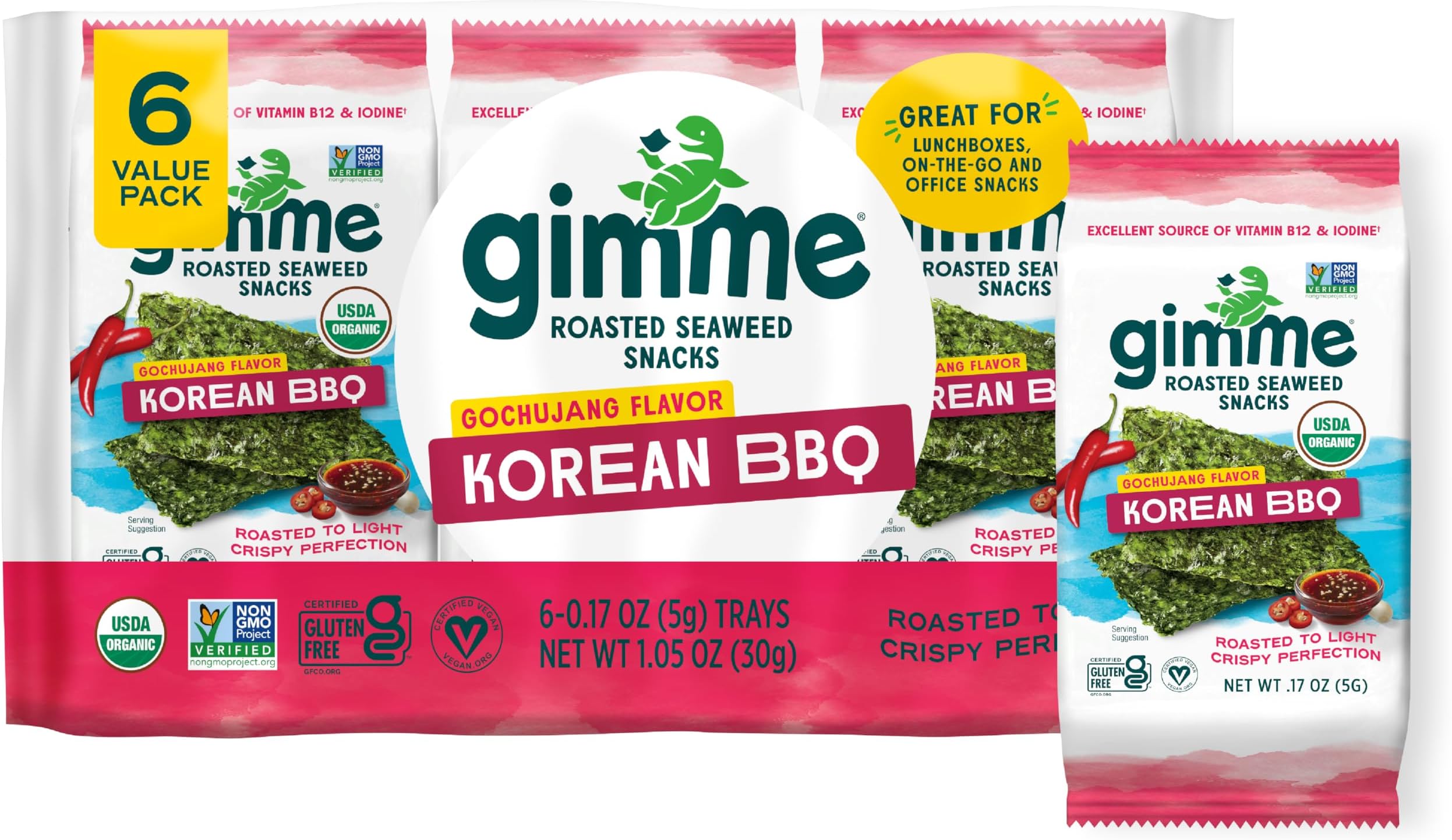 Seaweed Organic Premium Roasted Seaweed Snacks, Korean BBQ, 6 Count, Keto, Vegan, Gluten-Free, Great Source of Omega3s and Iodine, Healthy On-The-Go Snack for Kids and Adults