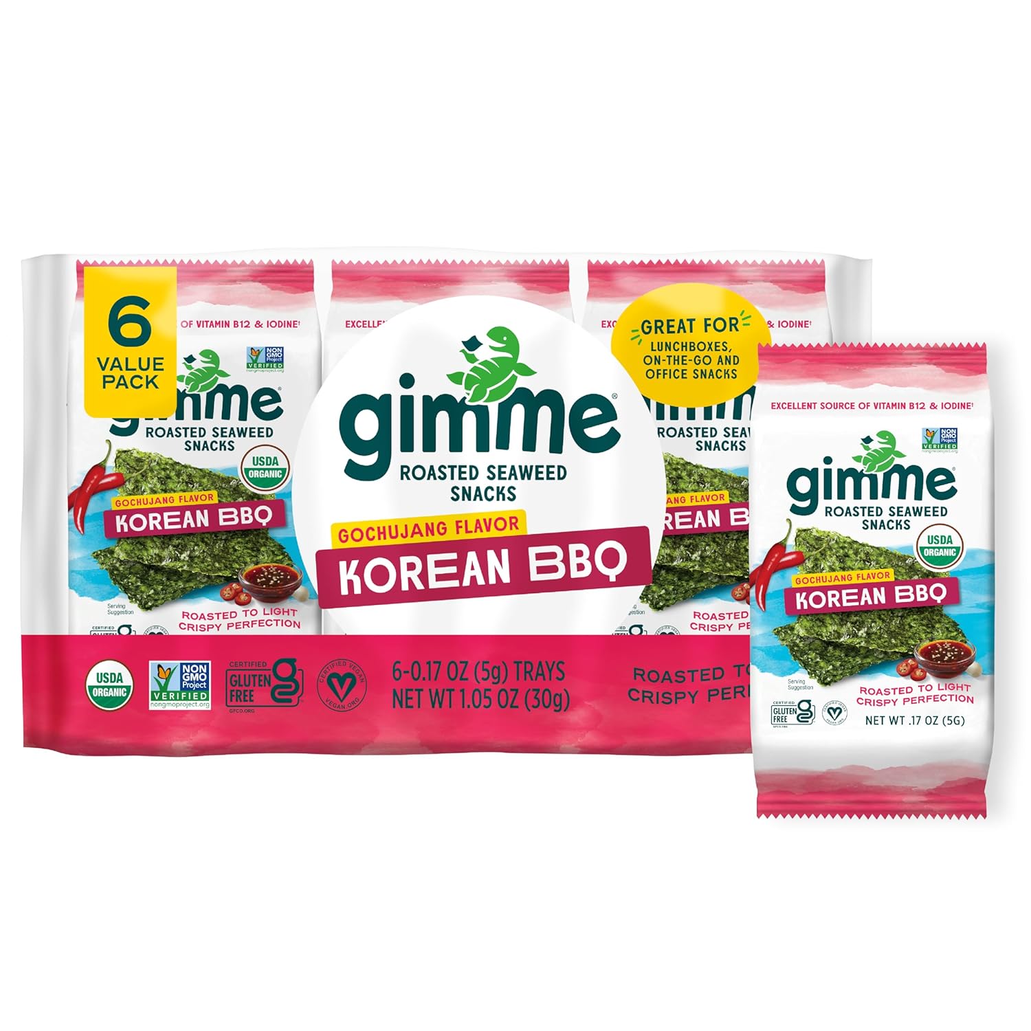 Gimme Seaweed Organic Premium Roasted Seaweed Snacks, Korean BBQ, 6 Count, Keto, Vegan, Gluten-Free, Great Source of Omega3s and Iodine, Healthy On-The-Go Snack for Kids and Adults USDA Organic