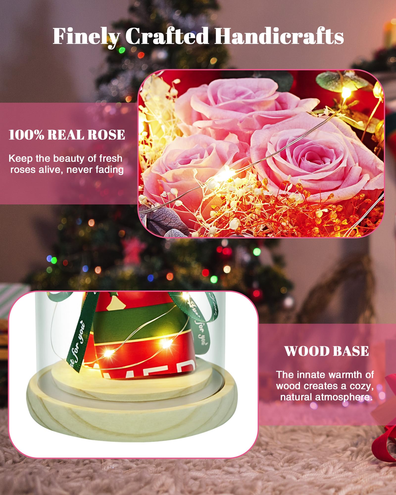 HVY Fleurs préservées en verre pour elle, bouquet de roses véritables roses avec lumière LED, rose éternelle pour femme, épouse, maman, grand-mère comme anniversaire, Noël, Saint-Valentin, fête des