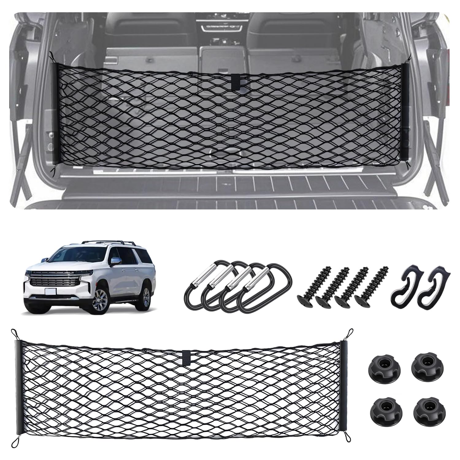 Envelope Style Cargo Net for 2021-2025 2026 Chevy Tahoe/Suburban/GMC Yukon Accessories, Rear Trunk SUV Mesh Cargo Net, Upgraded 5mm Bungee &amp; Double-Layer Nylon Storage Netting Grocery&amp;Tools Organizer