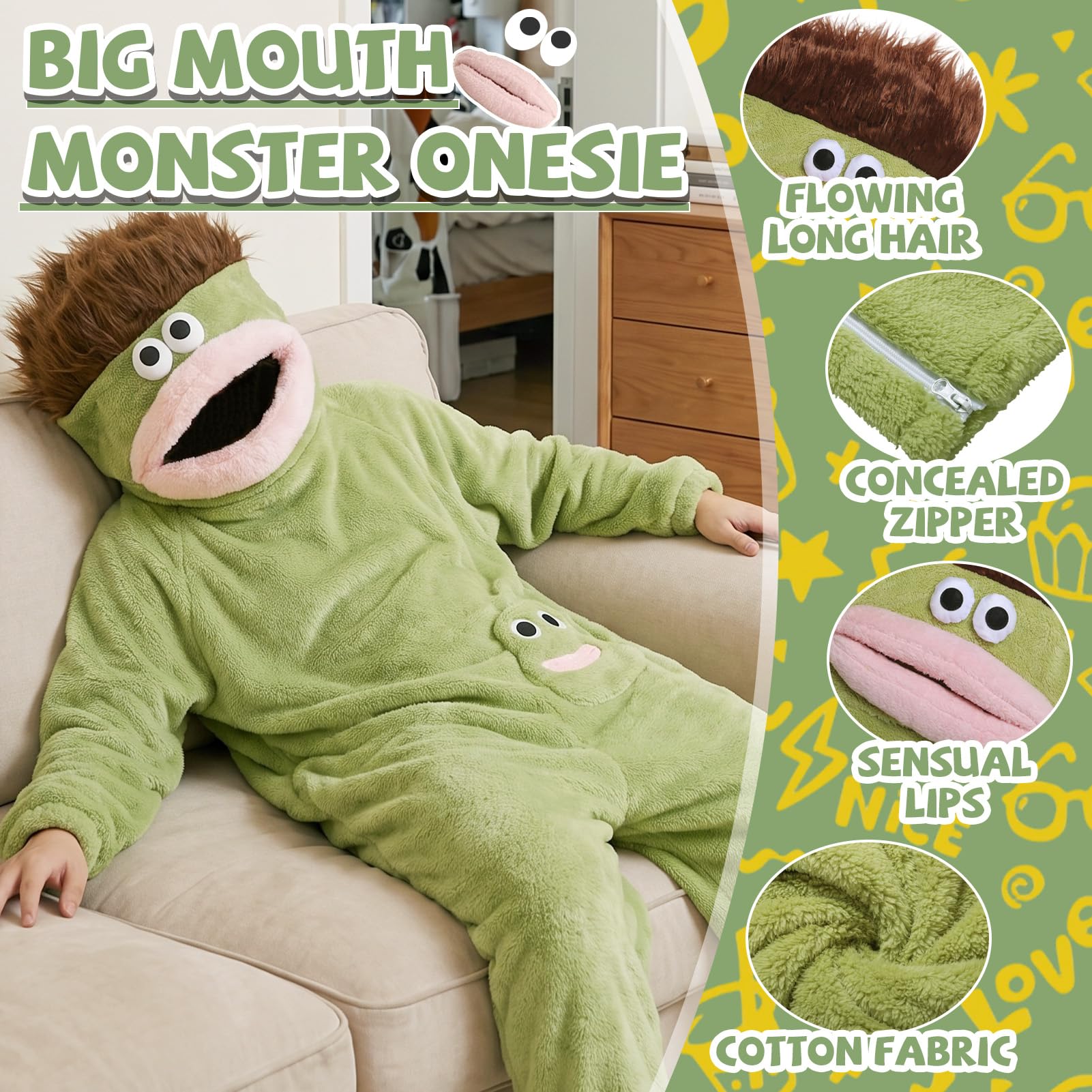 Formemory Big Mouth Monster Einteiler Damen,Silly Onesie Pyjama Erwachsene Plüsch Ganzkörper Pyjama Lustig Kostüm Outfit