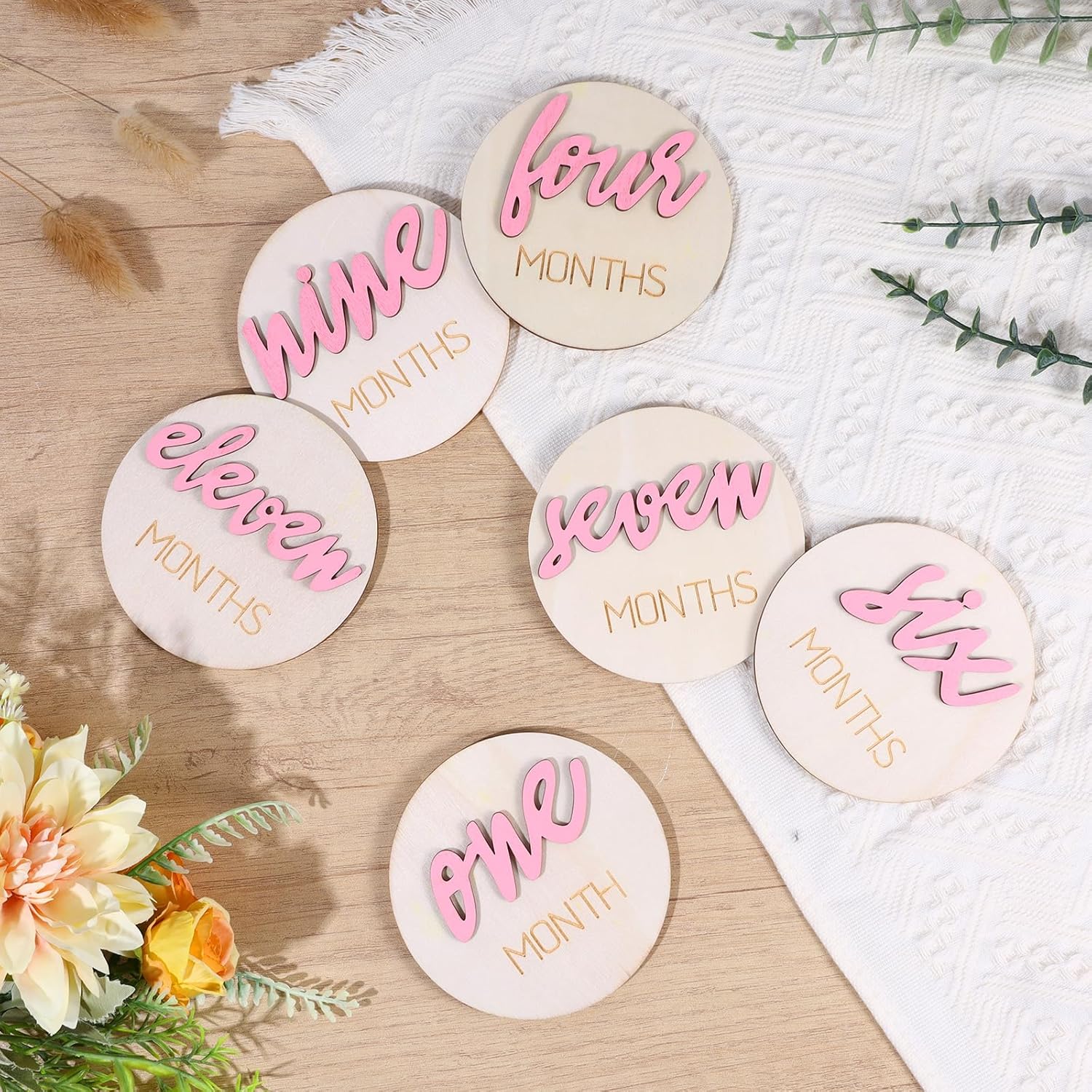 TIESOME 6 Pcs Baby Monthly Milestone signs,1-12 Months Milestone signs for Photos with Double-Sided 3D Engraving Newborn Age Signs for Baby (Pink)