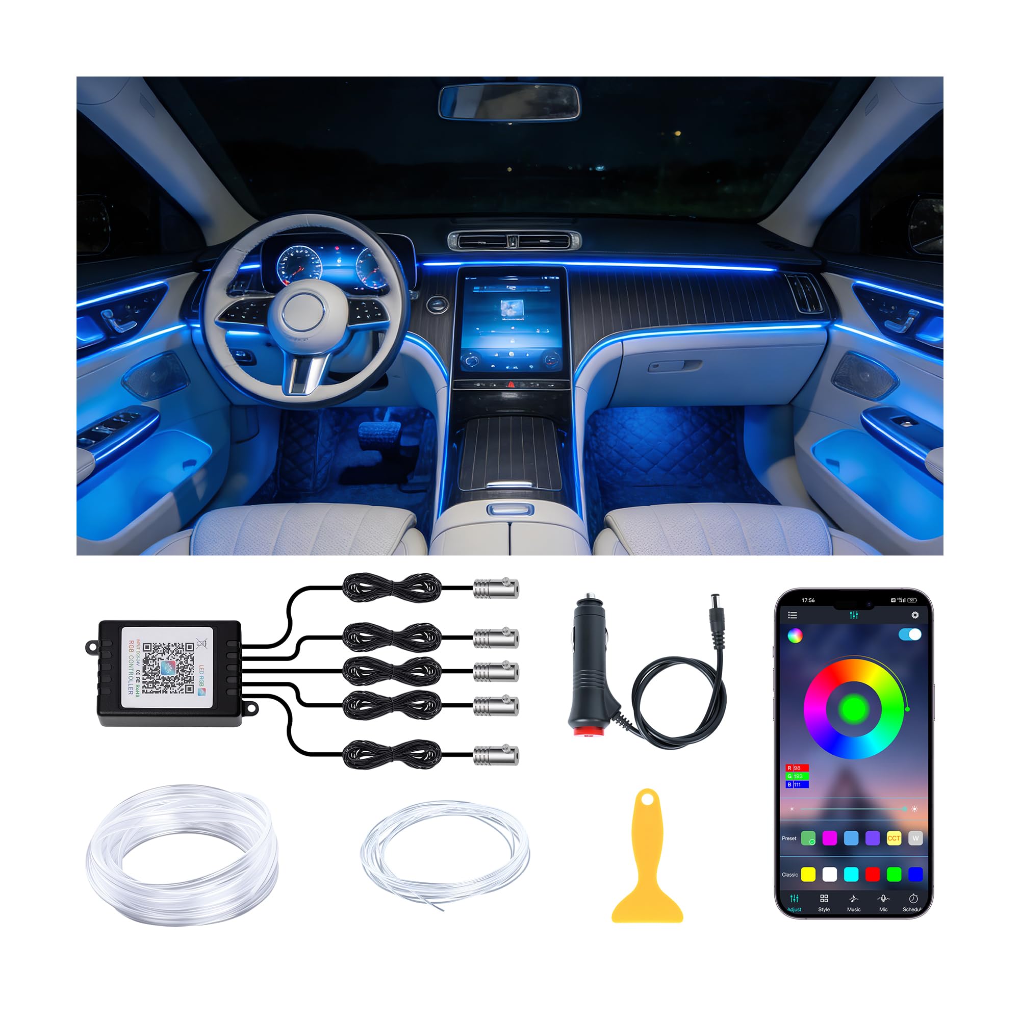 Interior Car LED Lights APP Control，Ambient Lighting Kit with 236" Fiber Optic，5 in 1 RGB Strip Lights，16 Million Colors Car Neon Lights, Sync to Music （Cigarette）