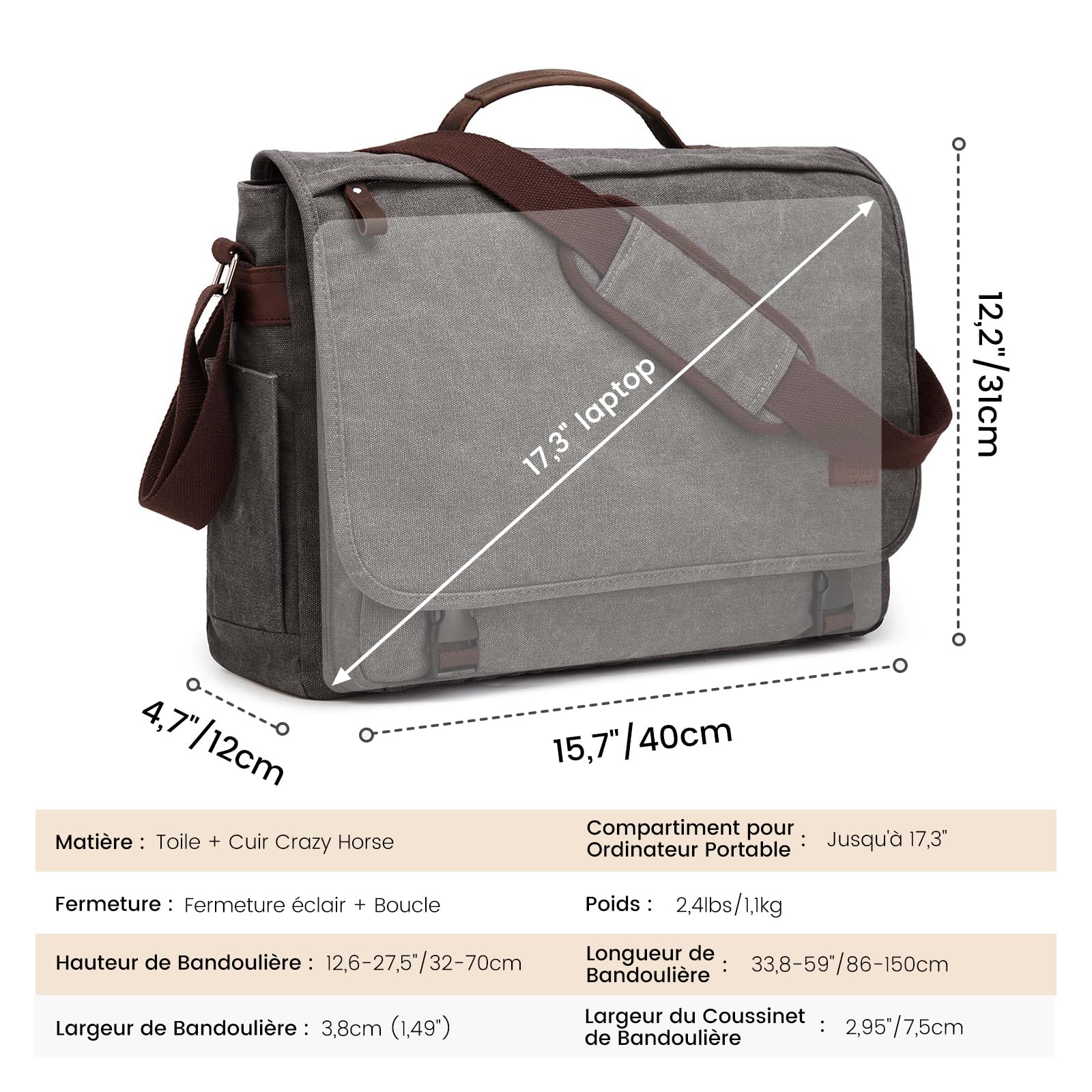 S-ZONE Homme Sac à Bandoulière 17,3 Pouces Sac Messager Surdimensionné en Toile pour Ordinateur Portable Porte-documents Sac de Travail avec Compartiment à Bagages