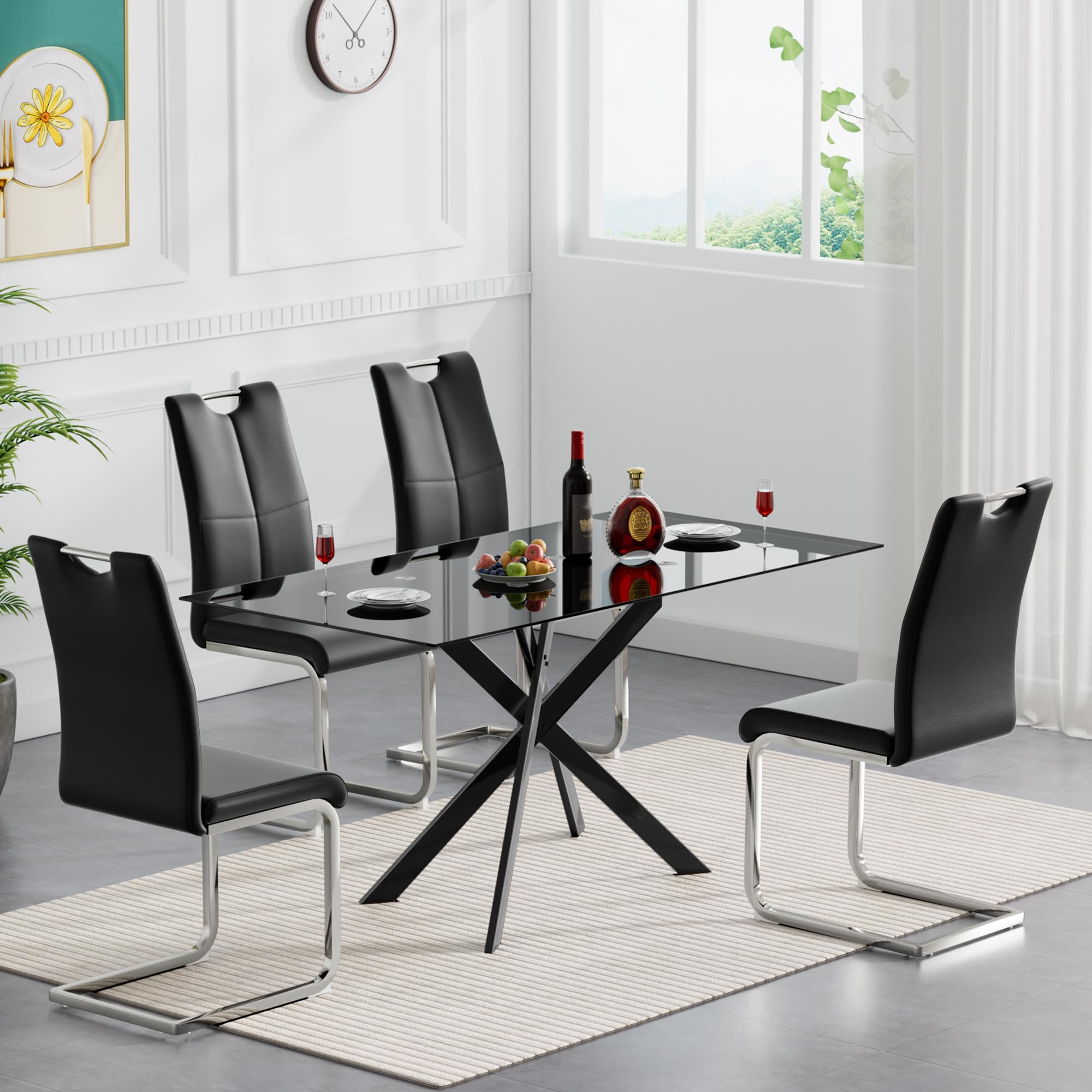 Henf 5 Piece Modern Glass Dining Table Set with 51" Glass Table & 4 Black Faux Leather Chairs for Small Spaces