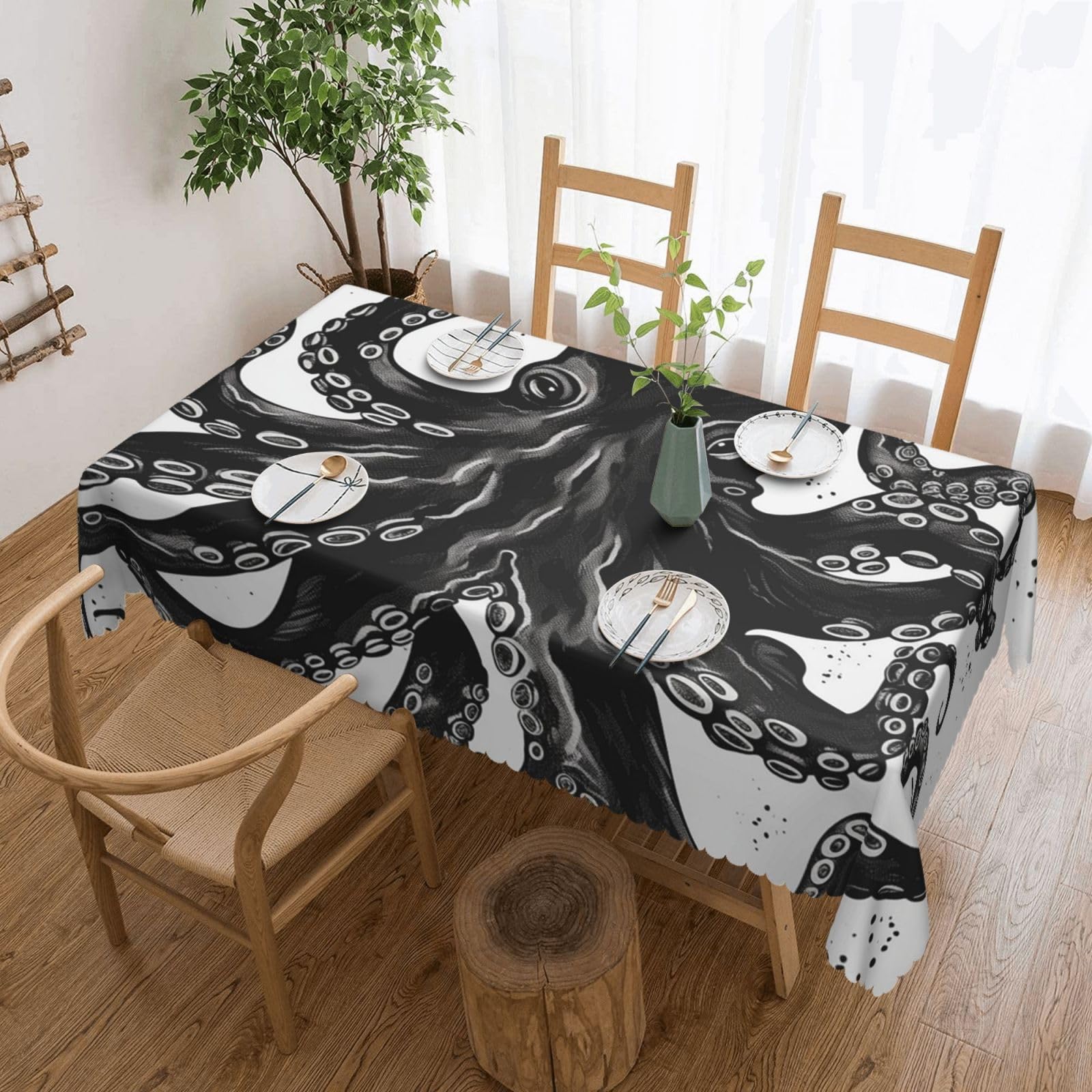 FodPand Classic Black Octopus Tablecloths for Rectangle Tables 54 x 72 Inch - Reusable Washable Dining Table Clothes - Stain and Wrinkle Resistant Decorative Fabric Table Cover for Wedding Party