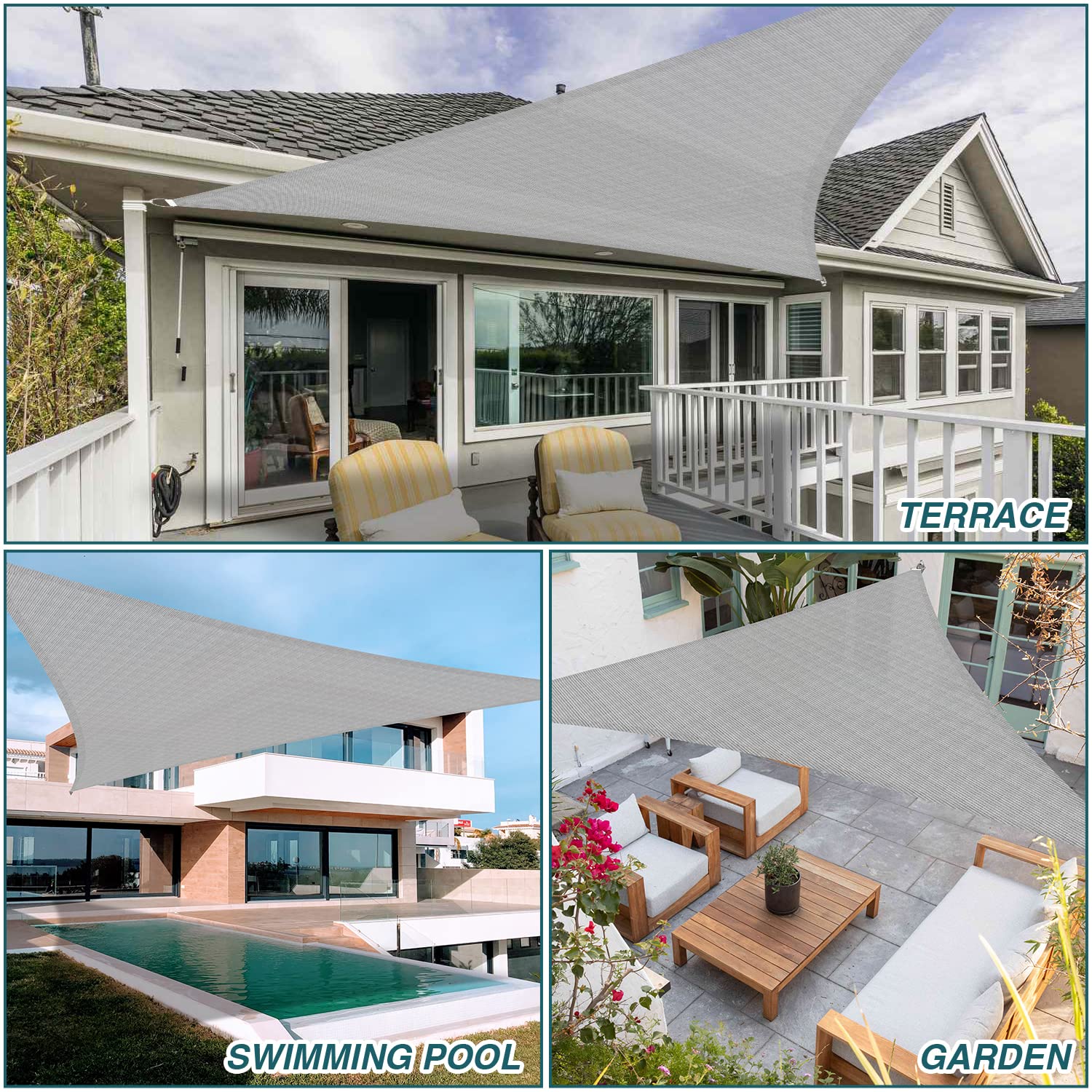 ECOOPTS 25'x25'x25' HDPE Sun Shade Sail Triangle Canopy Shades for Outdoor Patio Pergola Cover Fabric Blockage 95% UV Resistant(Light Gray)