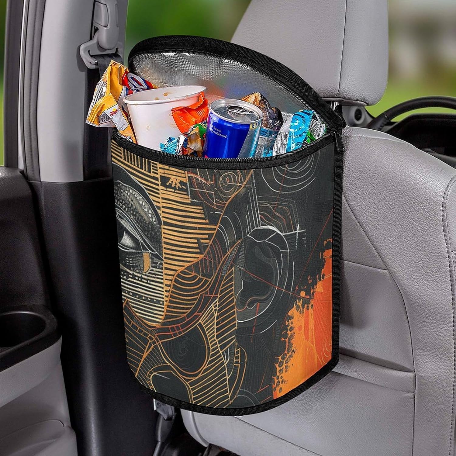 MUSM Leakproof Car Trash Can 2.5 Gallon, Durable Automotive Garbage Bag with Waterproof Liner, Orange and Black Trash Bag for Car, Truck, RV & Bathroom