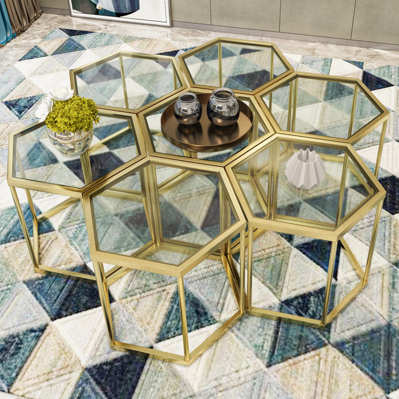 Mesa auxiliar dorada moderna de cristal, mesa de centro de cristal combinada, sin hexágonos, mesas auxiliares pequeñas con marco de metal para sala de estar, juego de 1 6