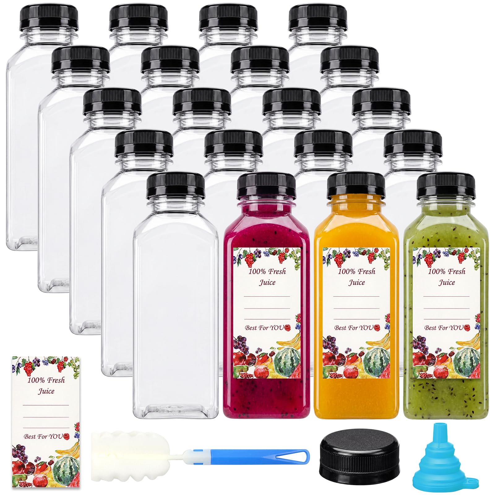 SUPERLELE 20pcs 12oz Plastic Juice Bottles with Caps