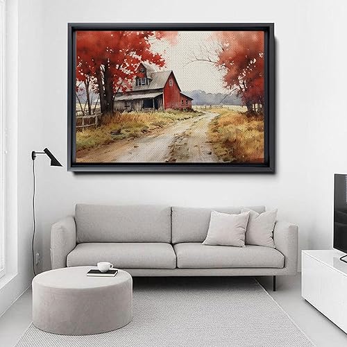 Miniatura 3 de Farmhouse Red Barn Wall Art - Country Landscape with Flowers in Watercolor - Museum Quality Canvas or Art Print