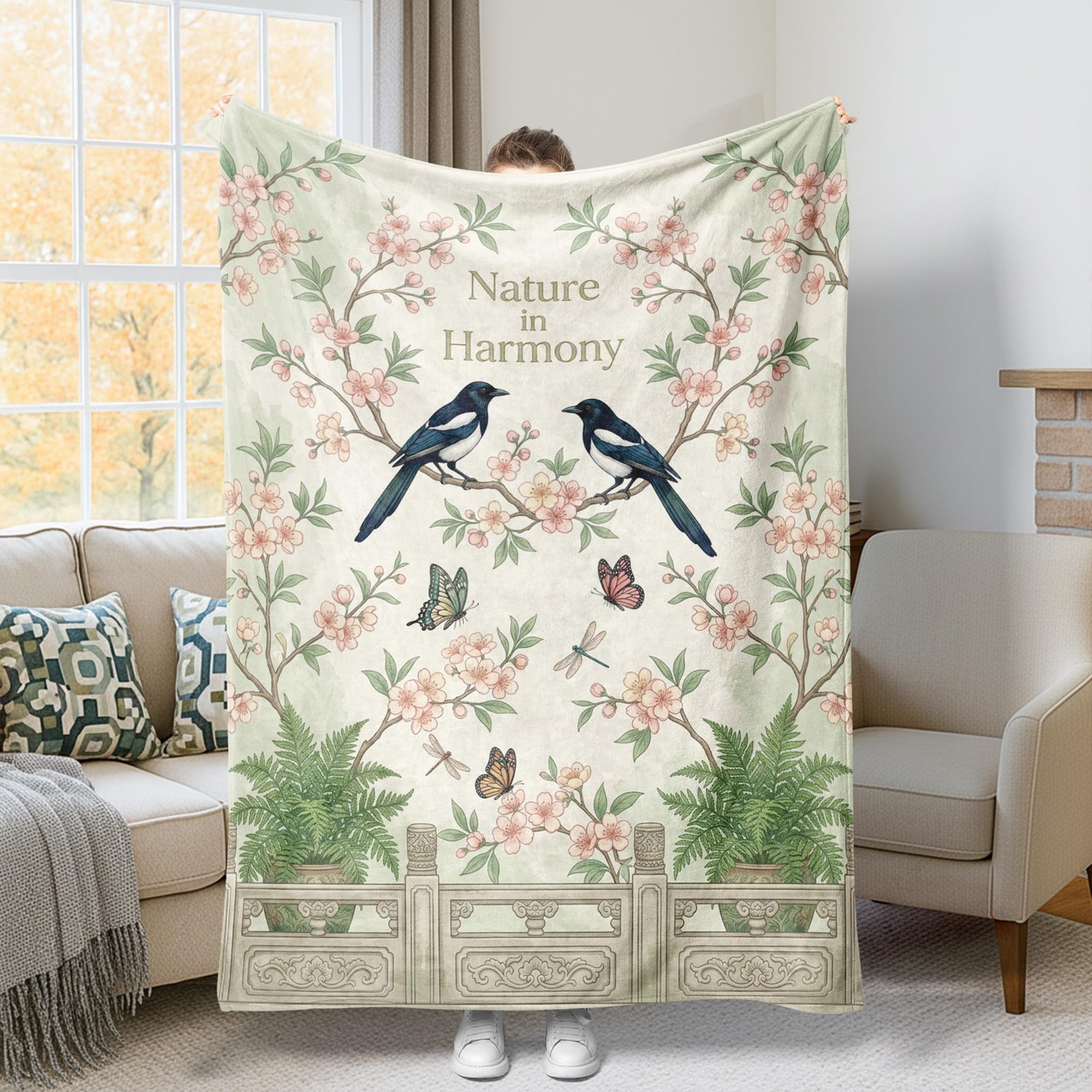 Jeté de lit en fourrure vert printanier aux motifs d'oiseaux et fleurs botaniques 152x203 cm