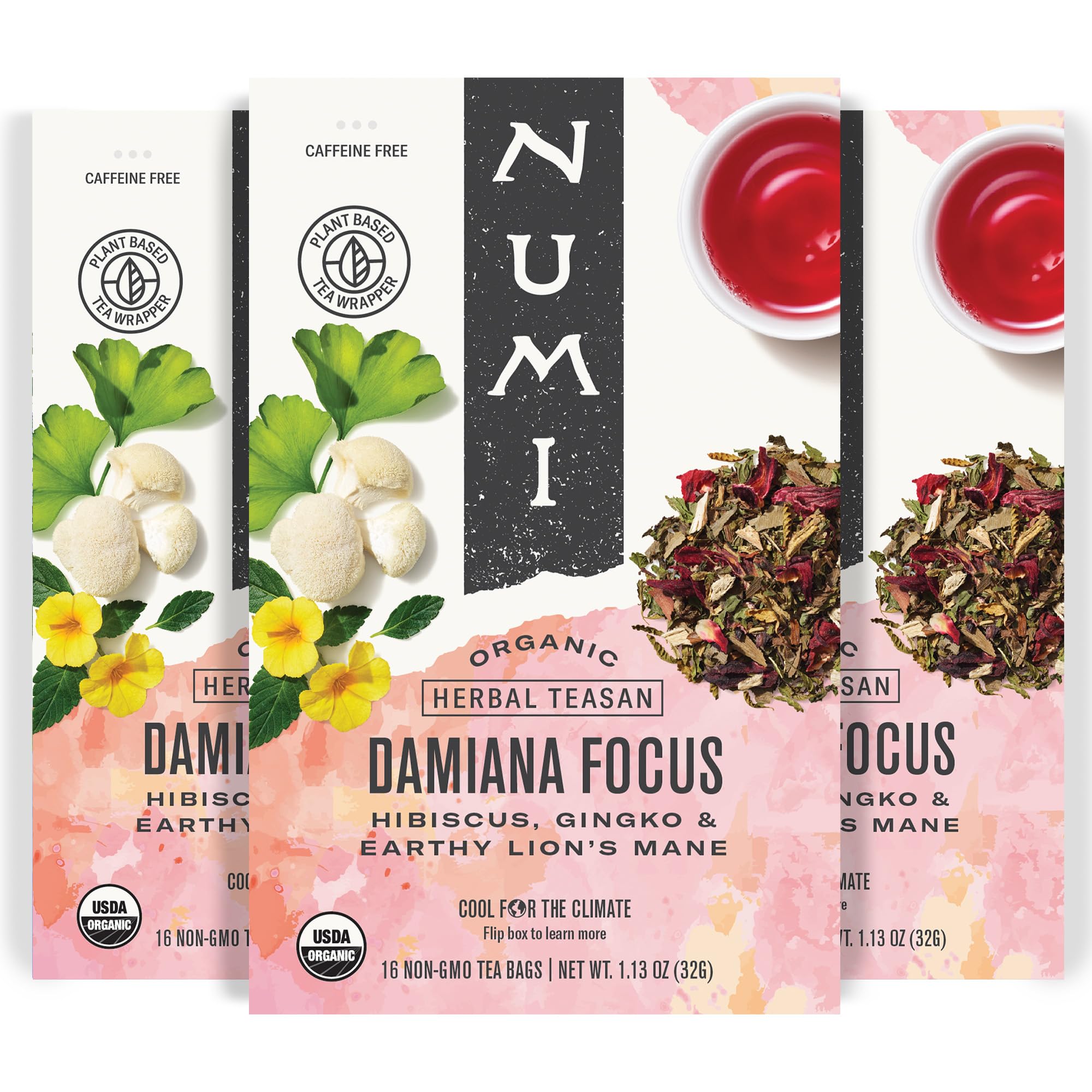 Numi Organic Damiana Focus Herbal Tea – 48 Herbal Tea Bags – Caffeine Free Blend with Damiana Ginkgo Lion’s Mane Hibiscus Mint & Licorice for Mental