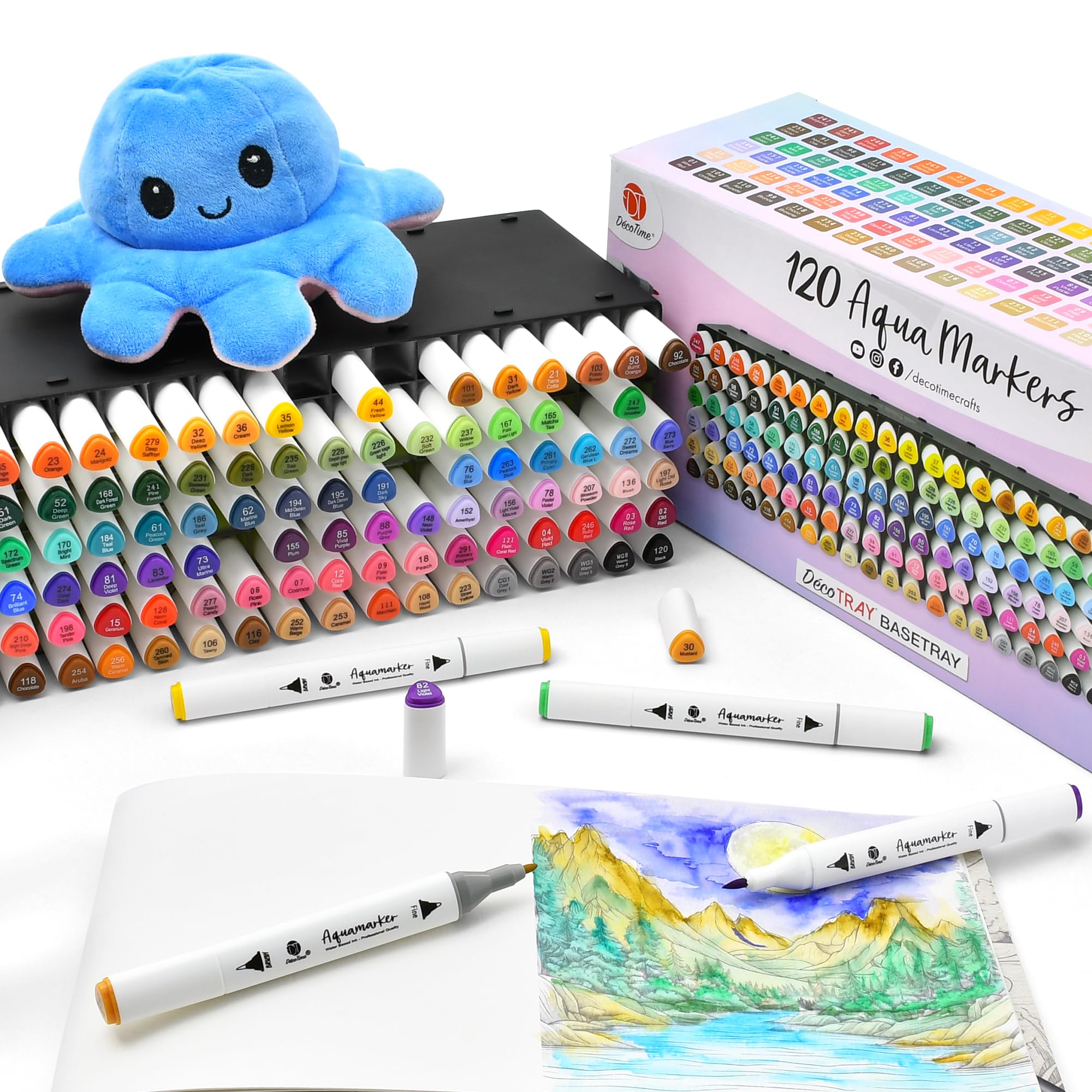 Decotime - Set di 120 pennarelli Aqua a doppia punta, formato XXL, impilabili, set di pennarelli ad acquerello, atossici, per bambini dai 3 anni in su, pennarelli professionali per arte e