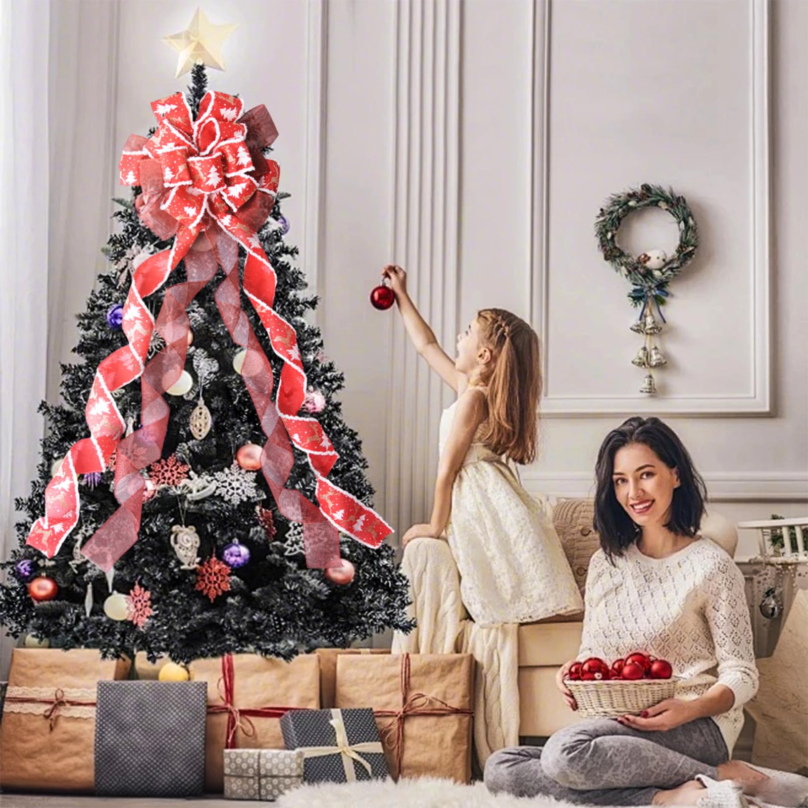 Asudaro Decoratieve strikken, Kerstmis, 60 CM Grote Strik Ornamenten Grote Strik voor Kerstboom Kronen Kerstboom Boom Decoratie Kerstboom Eland Knopen voor Raam Slaapkamer Trappen