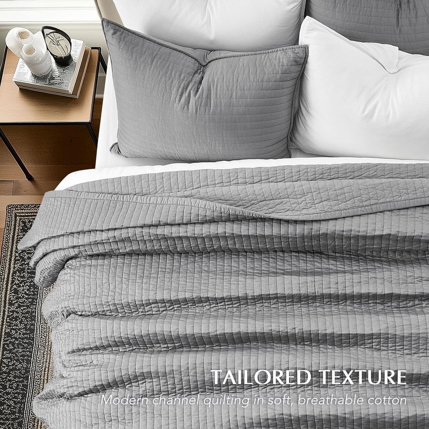 EVERGRACEHOME Cotton Sateen Quilt Set King Size, Pre-Washed Cotton Channel Stitch Coverlet Bedspread, 3 Pieces Lightweight Soft Bedding Sets for All Season, with 2 Pillow Shams, Fog Gray - Image 3