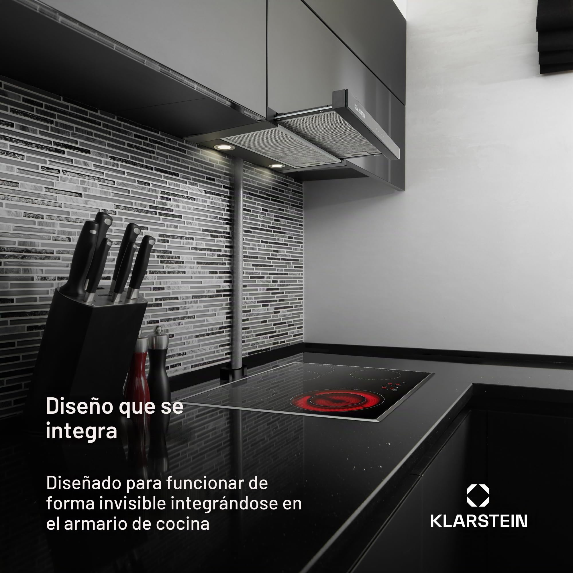 Klarstein Vinea Campana Extractora Telescópica, 610 m³/h Máx, Campana Visera Plana 60cm, Empotrable bajo Mueble, Extracción/Recirculación, Iluminación, Filtro de Grasa Aluminio, Negra