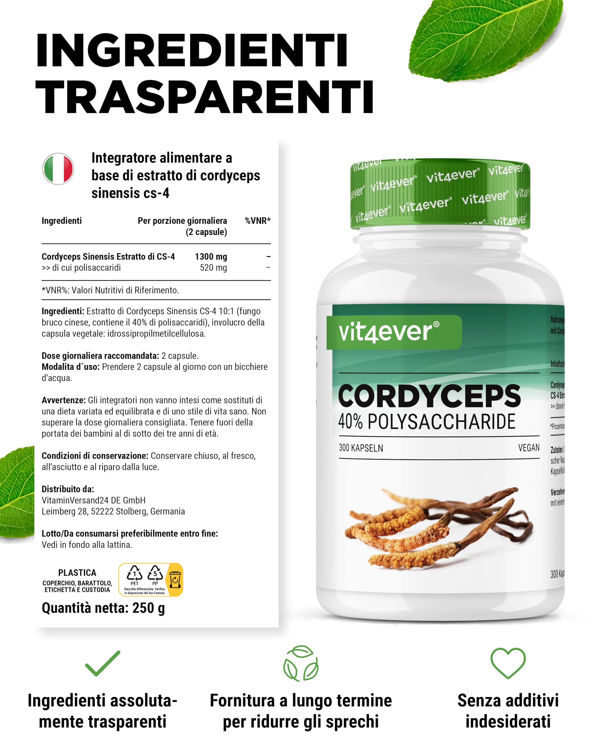 Fungo Cordyceps - 300 capsule con 650 mg di vero estratto CS-4-40% di polisaccaridi bioattivi - dose elevata - fungo bruco - vegano