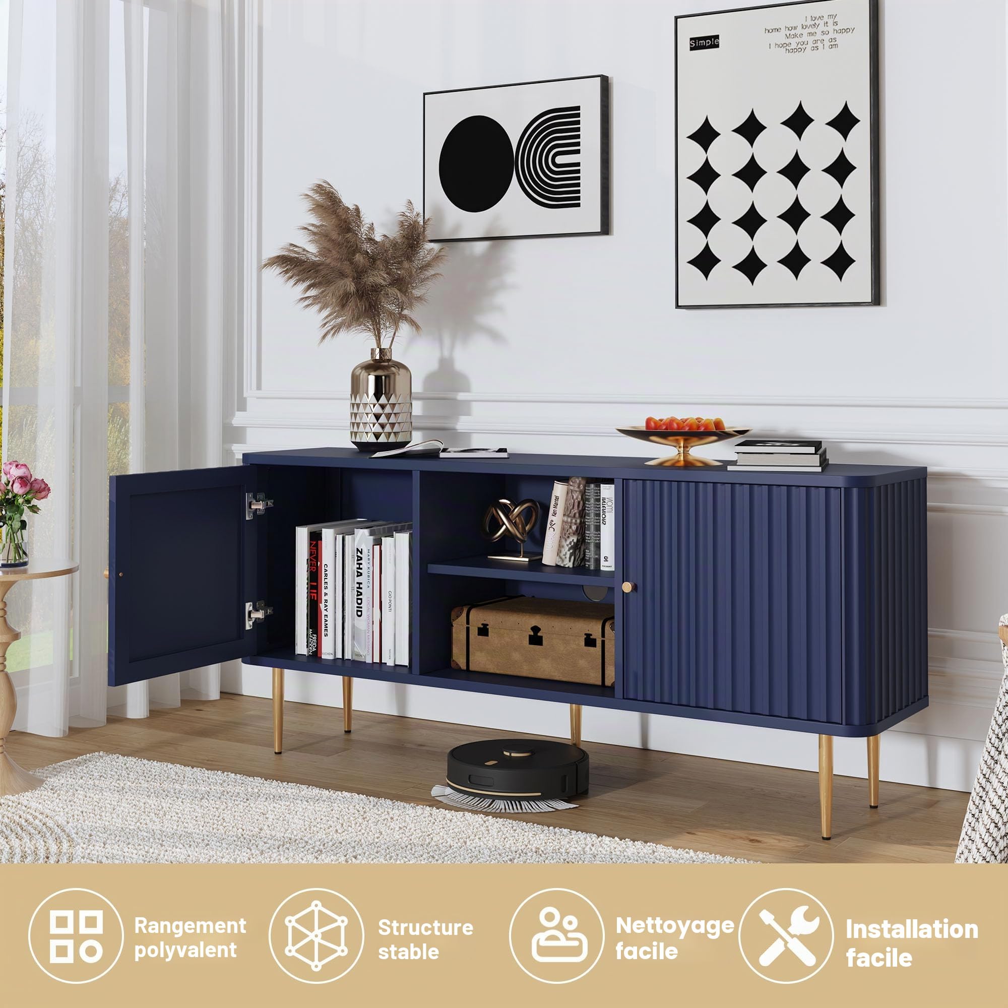 Meuble TV-Armoire TV en bois Table TV avec 2 portes Meuble bas pour téléviseur Étagère TV pour salon, salle à manger, chambre à coucher, Style moderne (Bleu)