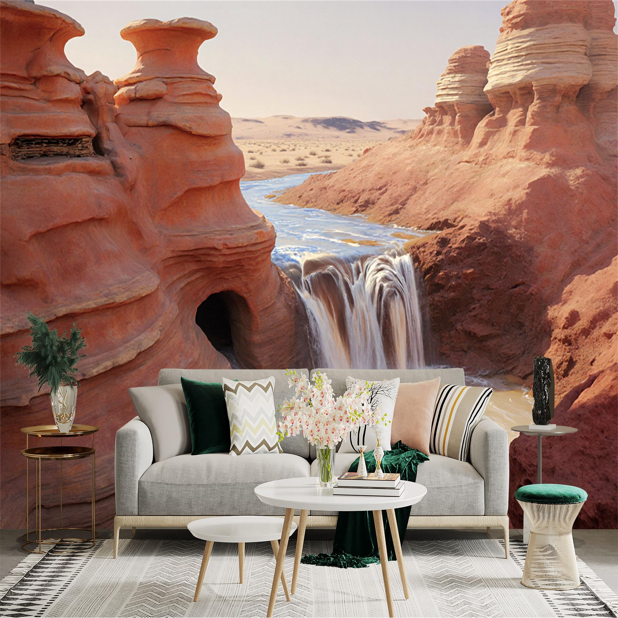 Custom Size Wall Sticker Mural， Desert Canyon Waterfall with Red Rocks and Flowing River， for wall Decoration， peelandstick wall Decals.