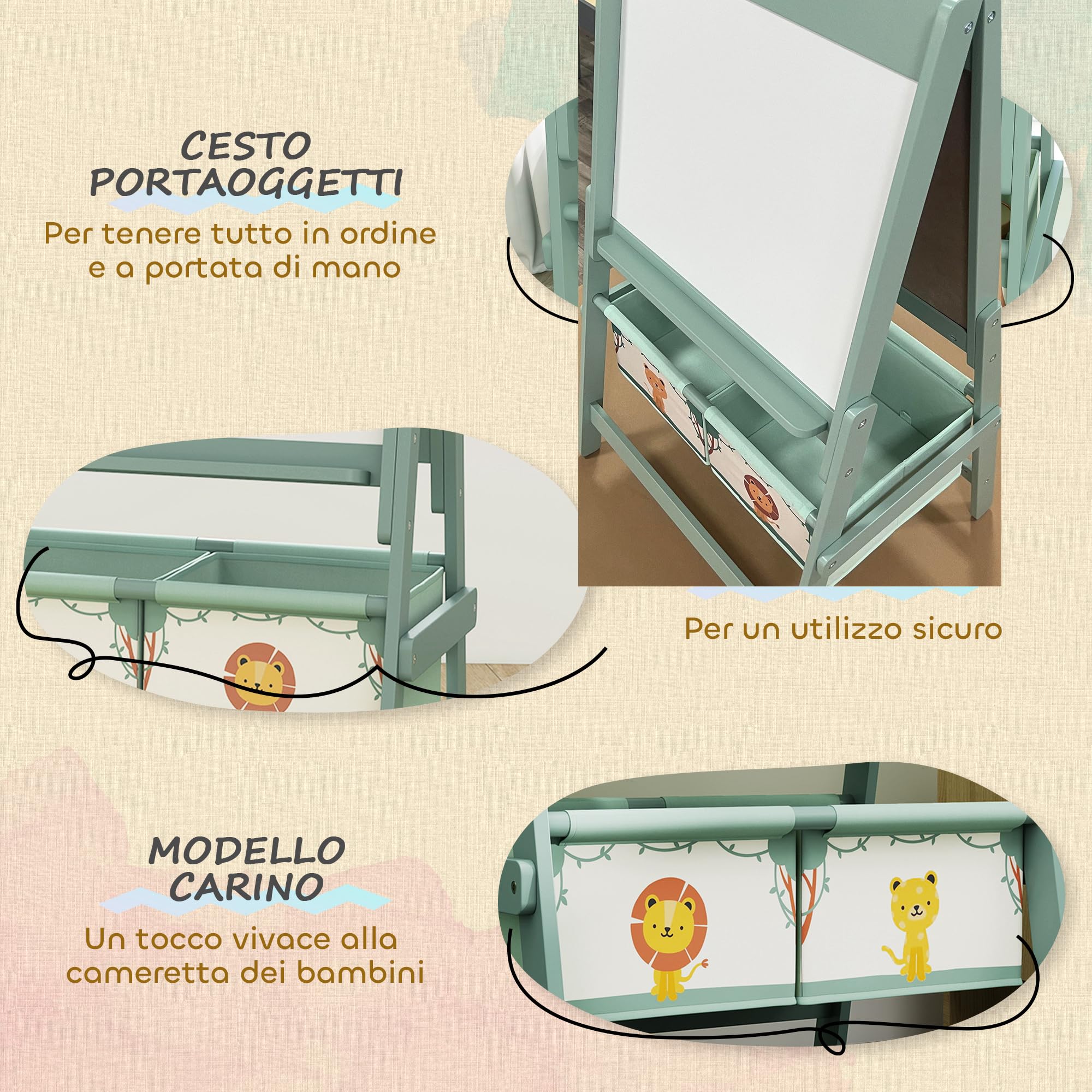 AIYAPLAY Lavagna per Bambini 3 in 1 con Rotolo di Carta e 2 Cestelli Portaoggetti, Lavagna con Cavalletto in Legno di Pino e MDF, 54x46x94 cm, Verde