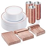 BESTVIP 300PCS Plastic Dinnerware Set (50 Guests), Rose Gold Disposable Plates for Party, Wedding, Christmas, Anniversary, Includes: Dinner Plates, Dessert Plates, Cups, Spoons, Forks and Knives