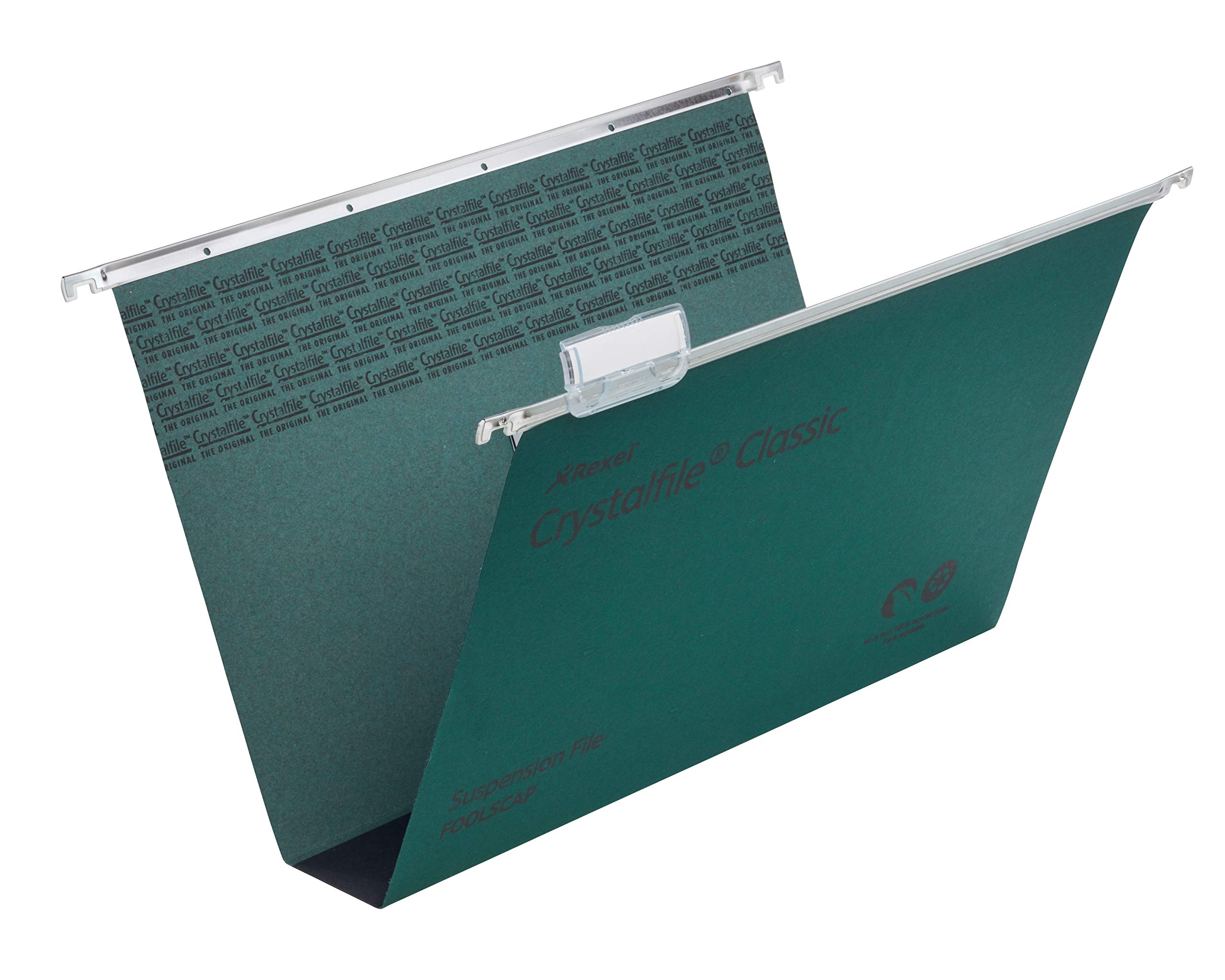 Rexel Foolscap Suspension Files with Tabs and Inserts for Filing Cabinets, 50 mm base, 100 Percent Recycled Manilla, Green, Crystalfile Classic, Pack of 50, 71750