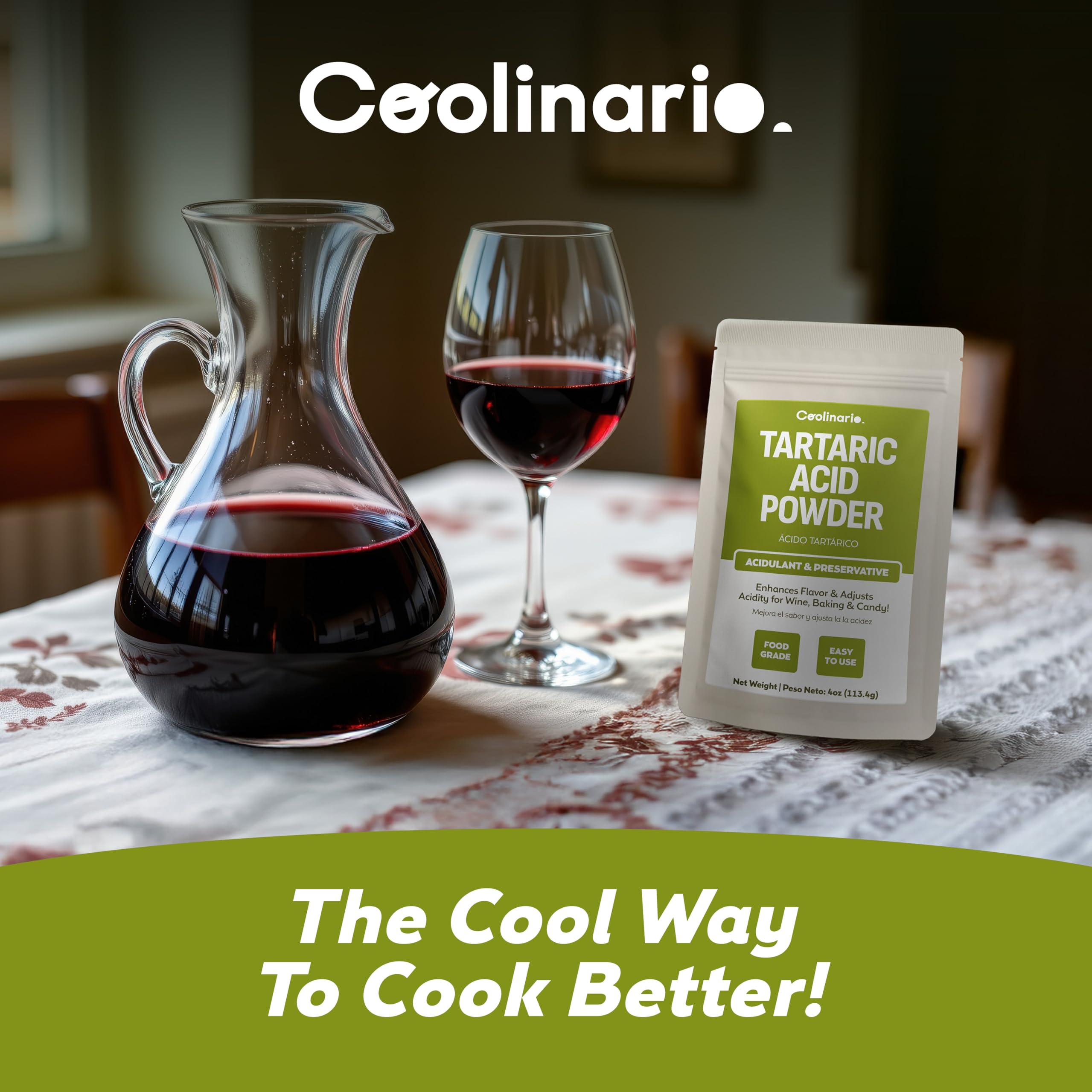 Coolinario Ácido Tartárico en Polvo (56 g) Acidulante Natural para Vinos, Repostería y Caramelos | Ajusta Acidez | Sustituto de Crema Tártara | Grado Alimenticio