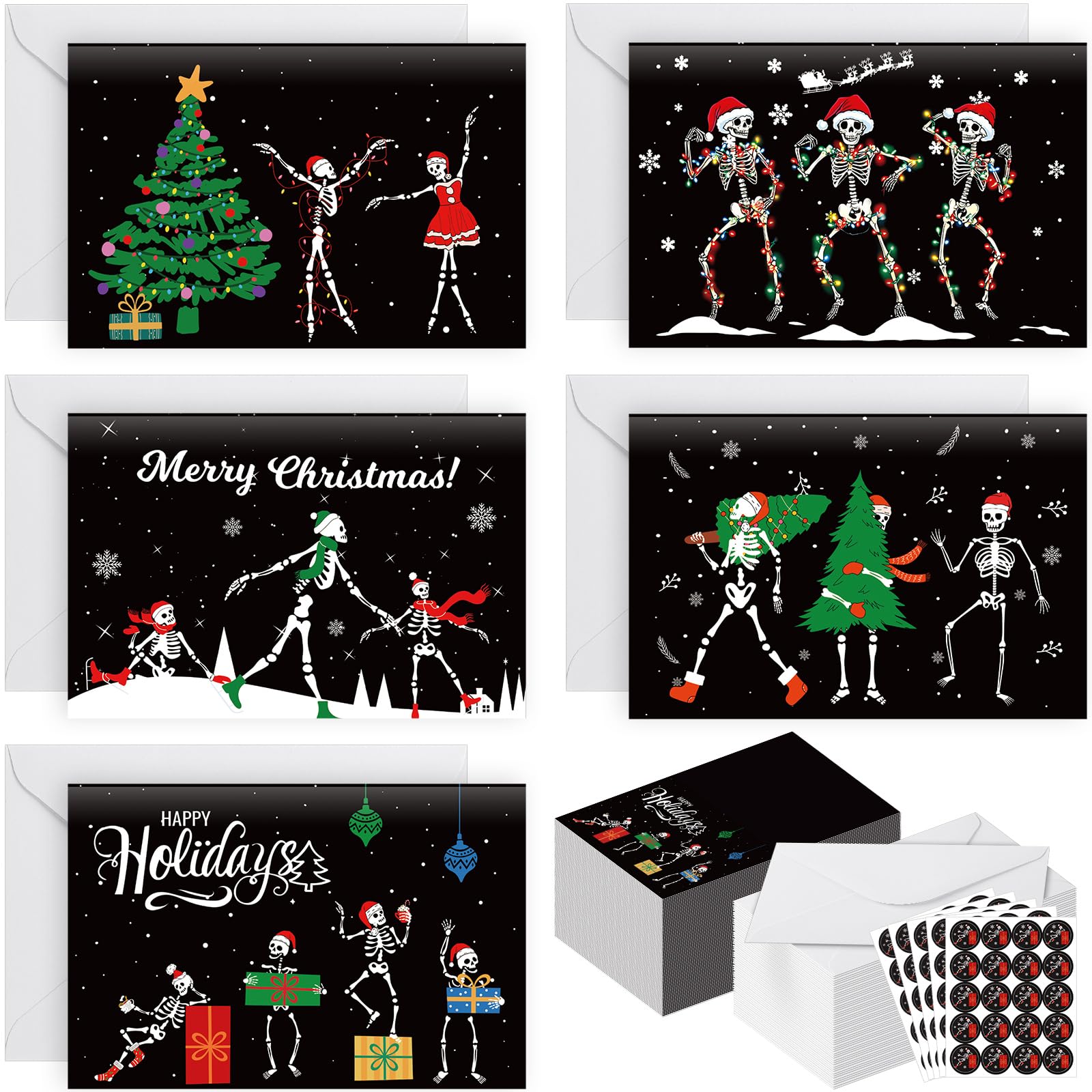 Motiskyy Confezione da 100 biglietti di Natale con scheletro con buste bianche e adesivi, biglietti di Natale gotici, 5 design assortiti, biglietti di scheletro vuoti per le vacanze