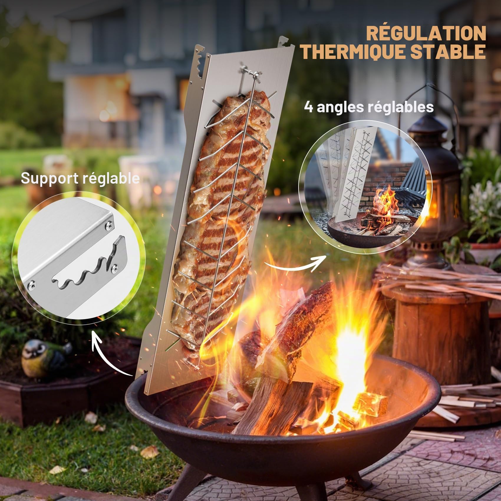 onlyfire Grande Planche à Saumon INOX pour Brasero et Barbecue | 4 positions réglables, cuisson verticale au feu de bois, inox lavable au lave-vaisselle, idéale pour saumon entier