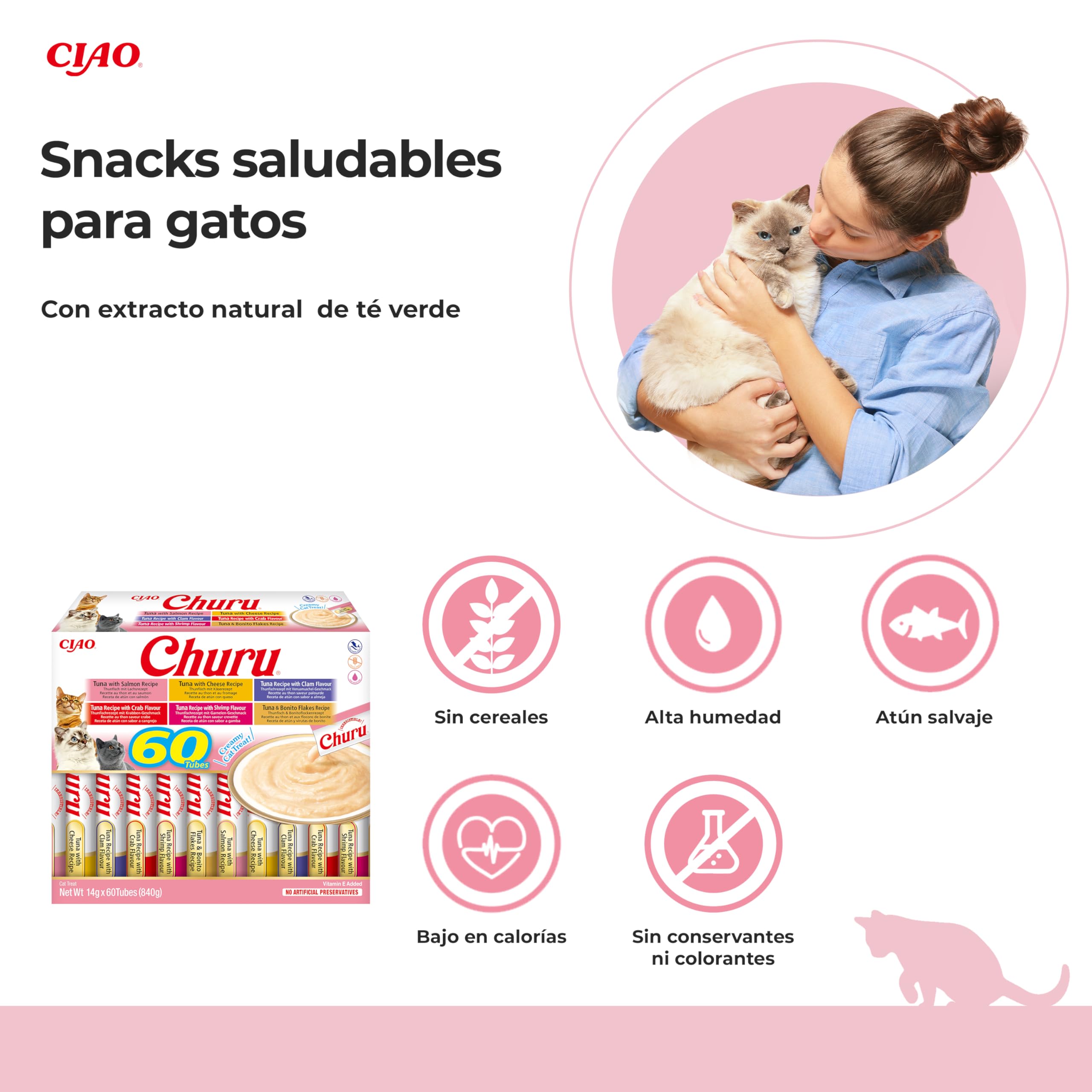 INABA Churu Gatos Snacks Saludables Atún 840g 60x14g Cremoso Sin Cereales Sin Conservantes