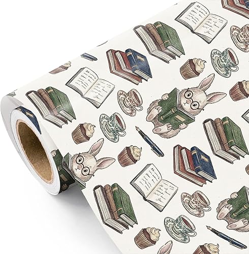 WRAPAHOLIC Bookish Bunny - Rollo de papel de regalo, 17 pulgadas x 16.5 pies, conejo vintage con papel de regalo para niños y niñas, baby shower,