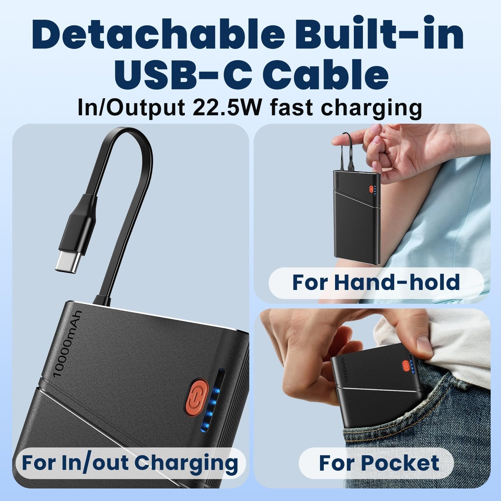 Aaoyun 10000mAh Portable Power Bank, 22.5W PD Fast Charging Battery Pack with Built-in USB-C Cable, Ultra-Slim External Phone Charger for iPhone 17/16/15, Samsung Galaxy S24, Android (Black) view 7