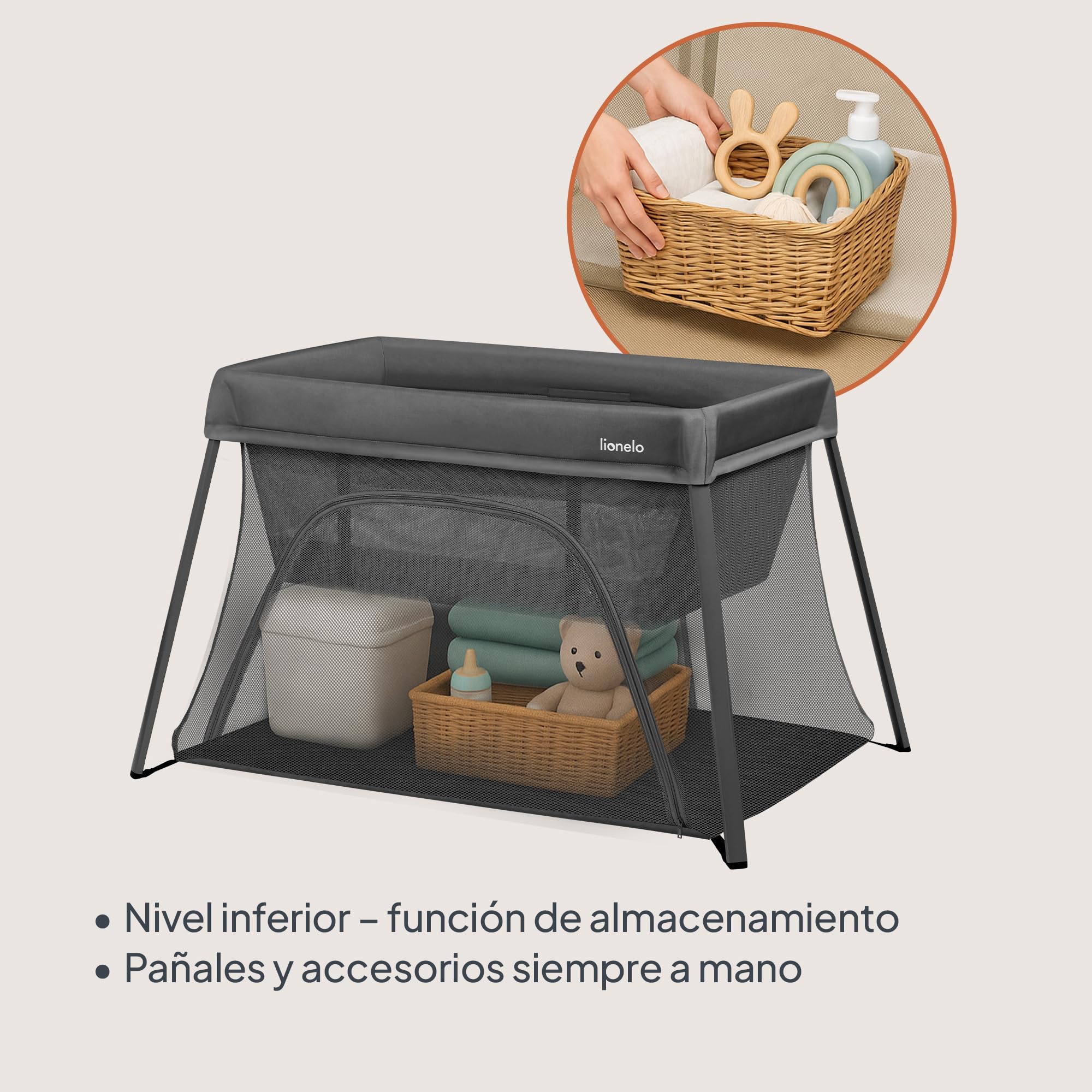 lionelo Cuna de Viaje Parque Cuna Bebe 3 en 1 Alice de 0 a 15 kg Colchón de Espuma, 2 Niveles de Altura, Plegable, Pequeña, Ligera, Entrada Lateral, Bolsa de Viaje